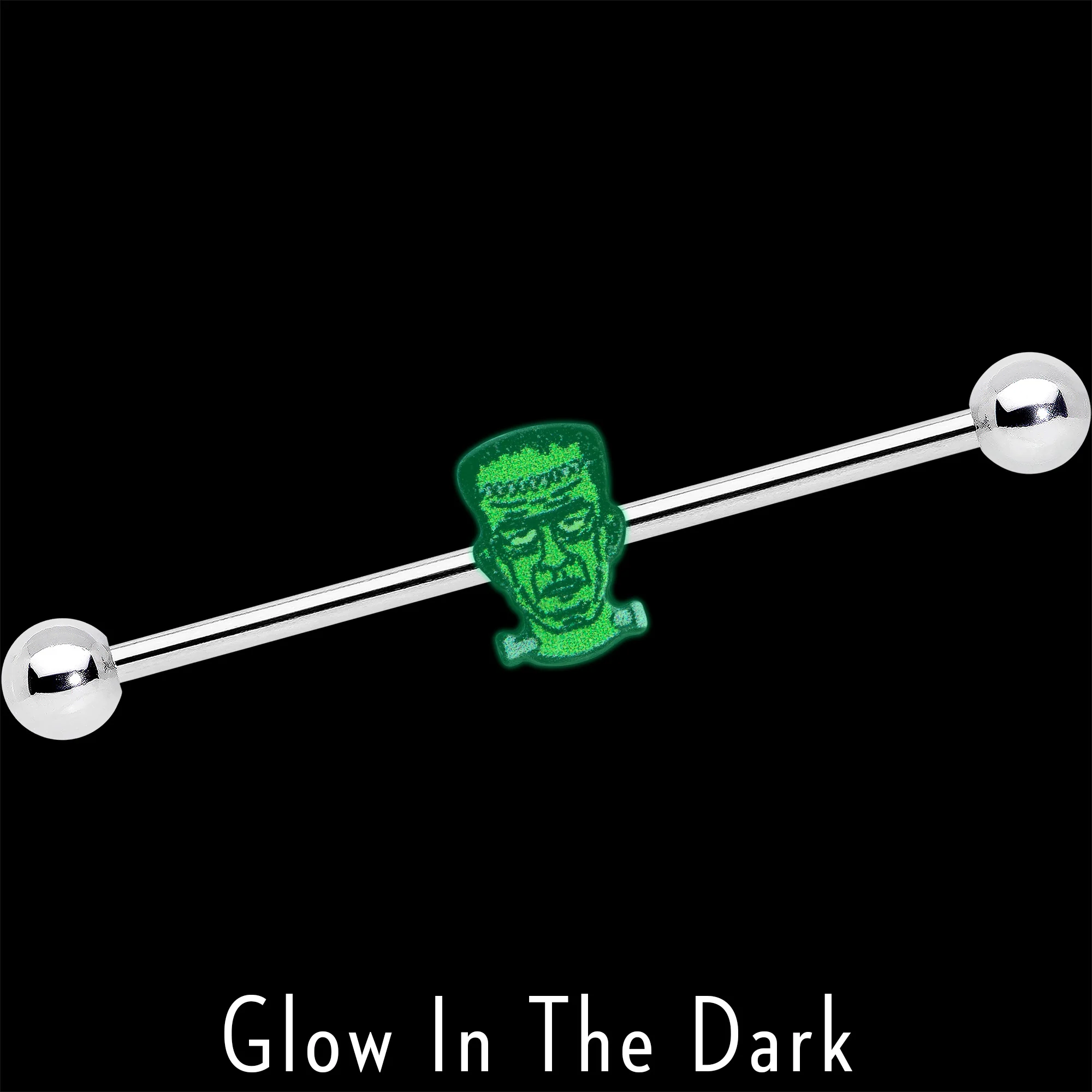 14G Frankenstein Head Green Glow in Dark Industrial Barbell 38mm - Image 3