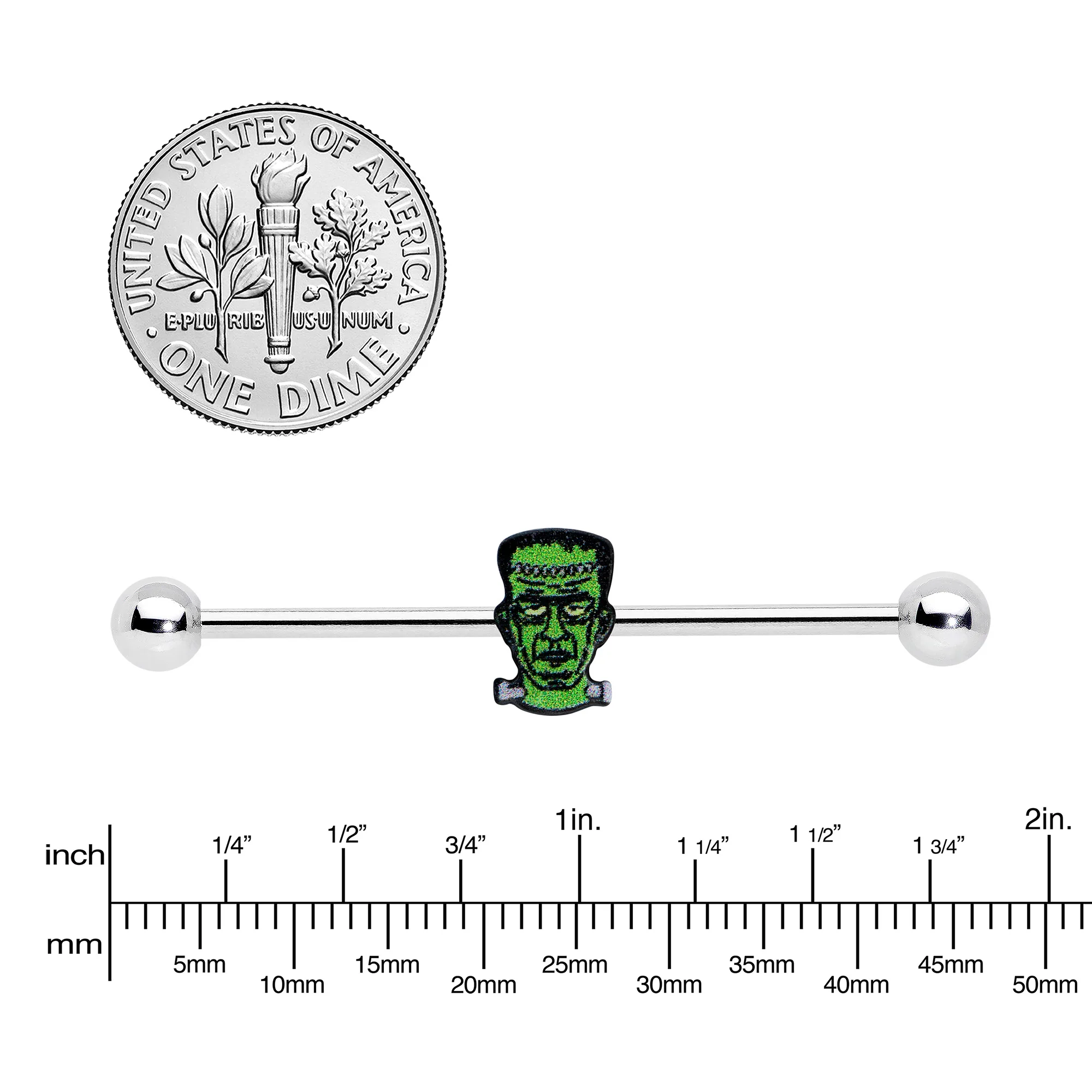 14G Frankenstein Head Green Glow in Dark Industrial Barbell 38mm - Image 4