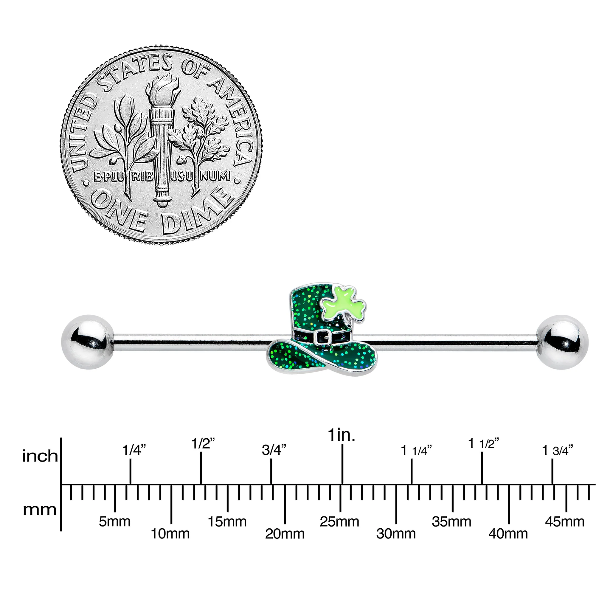 14G Glitter Top Hat Shamrock St Patricks Industrial Barbell 38mm - Image 3