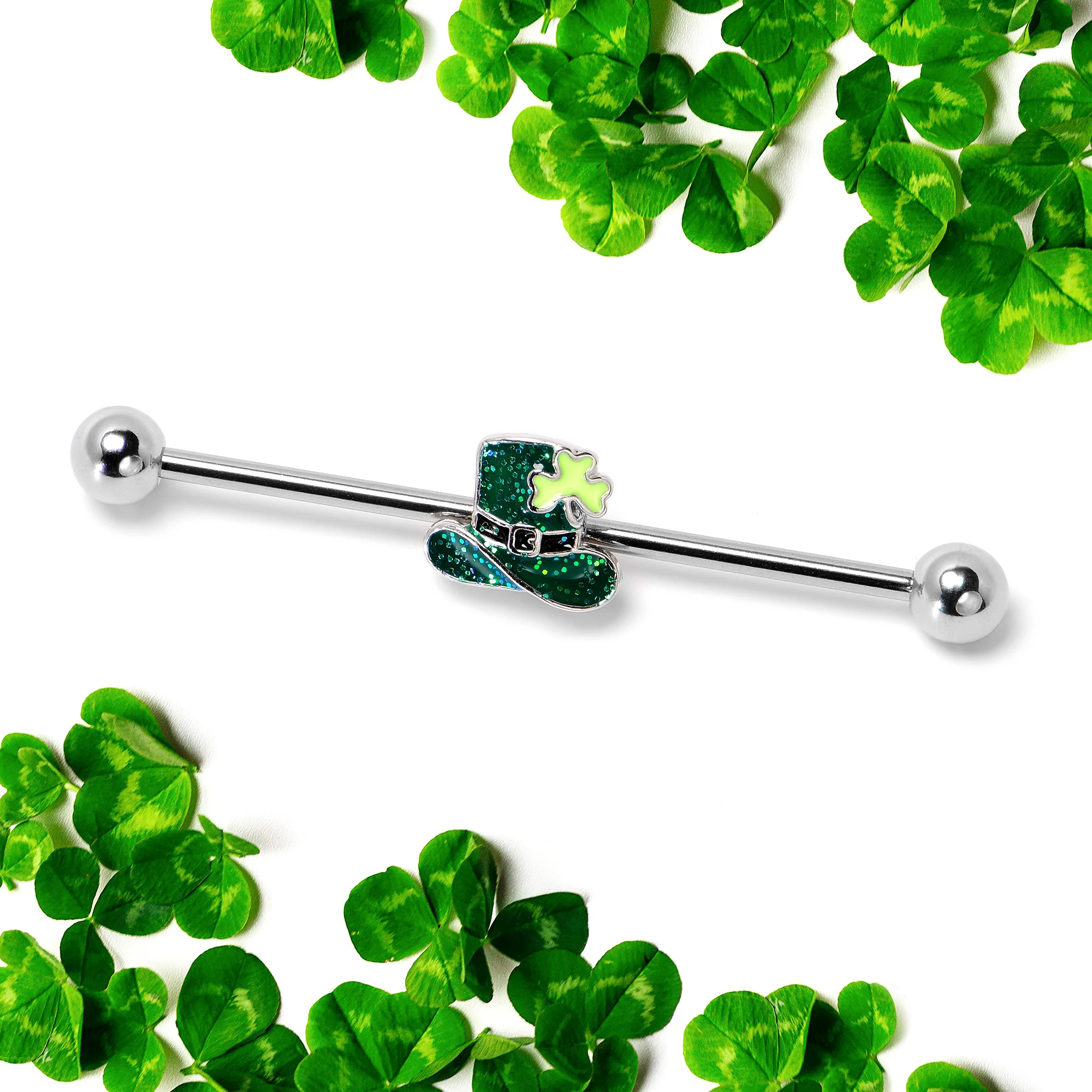 14G Glitter Top Hat Shamrock St Patricks Industrial Barbell 38mm - Image 4