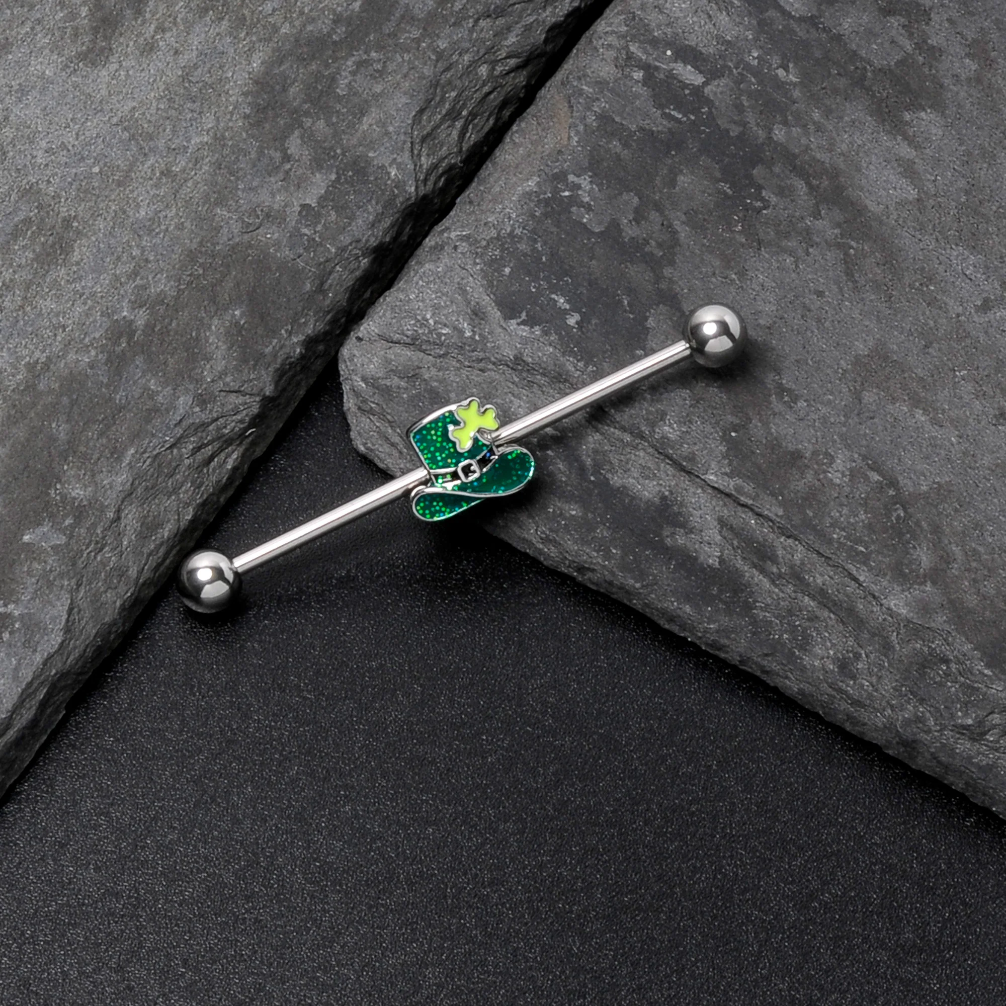 14G Glitter Top Hat Shamrock St Patricks Industrial Barbell 38mm - Image 7