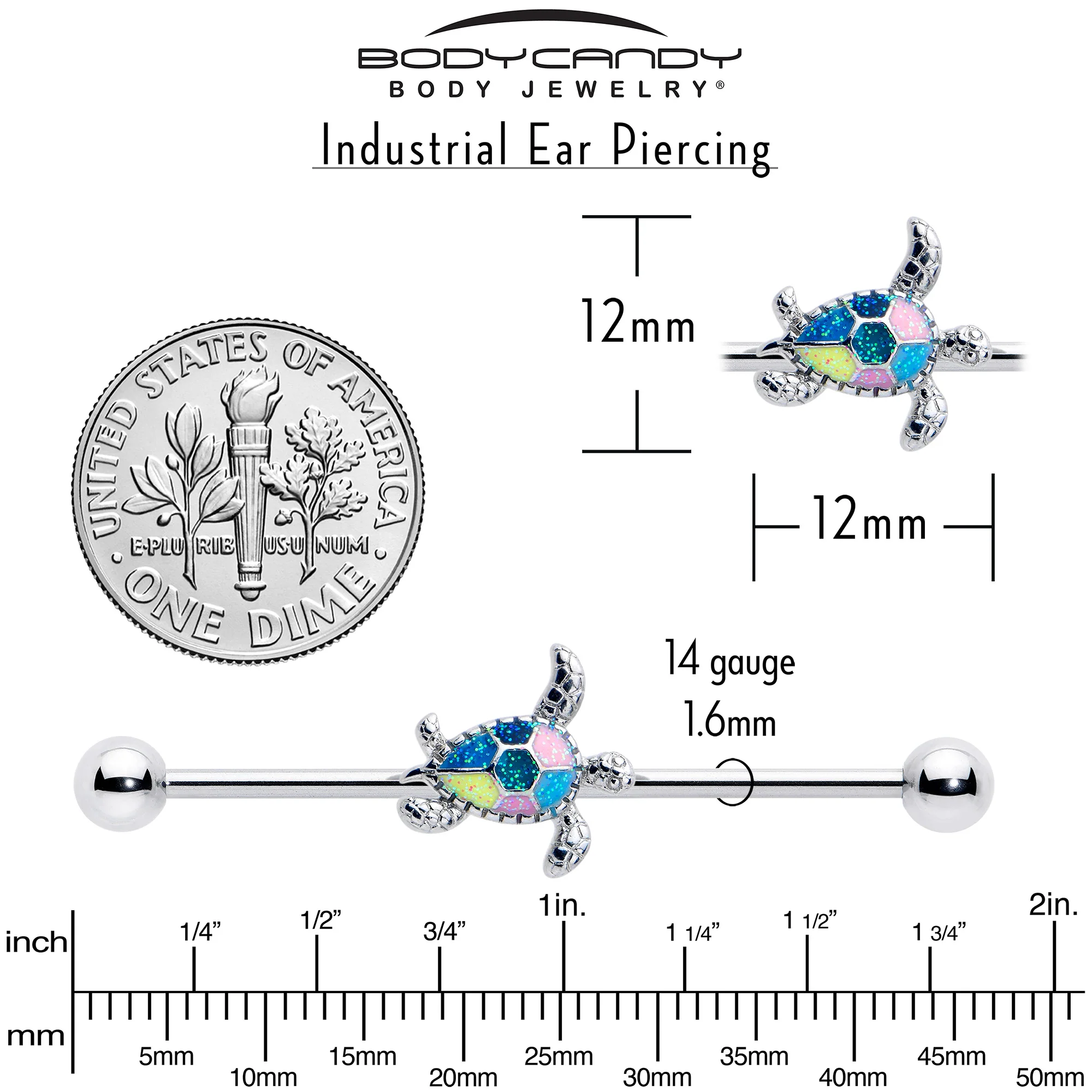 14G Glitter Turtle Industrial Barbell 38mm - Image 5