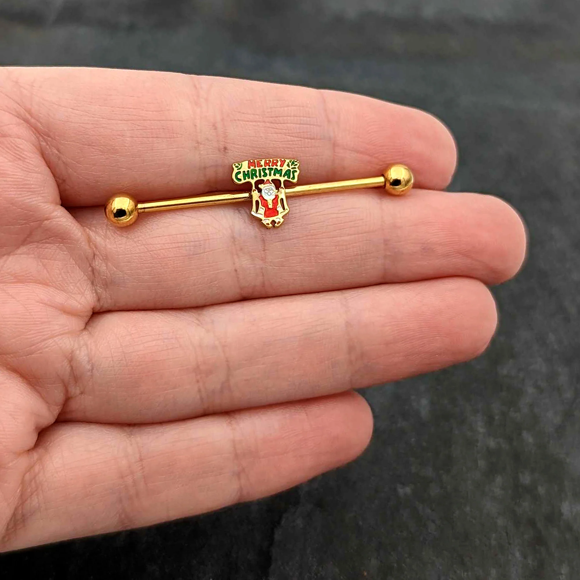 14G Gold Hue Merry Christmas Santa Inlaid Industrial Barbell 38mm - Image 8