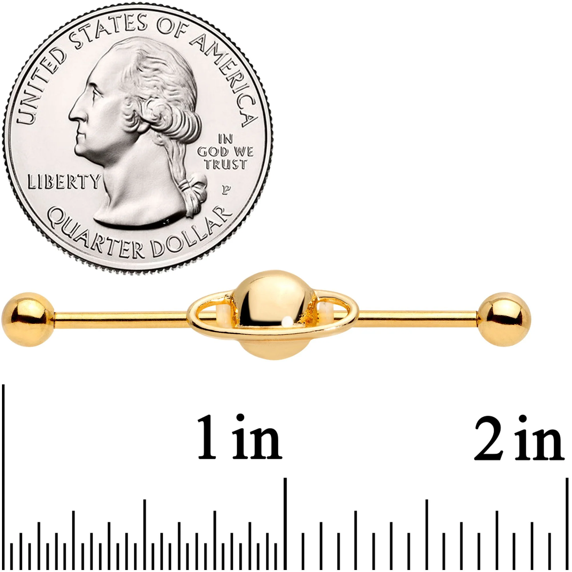 14G Gold PVD Alien Spaceship Industrial Barbell 38mm - Image 2