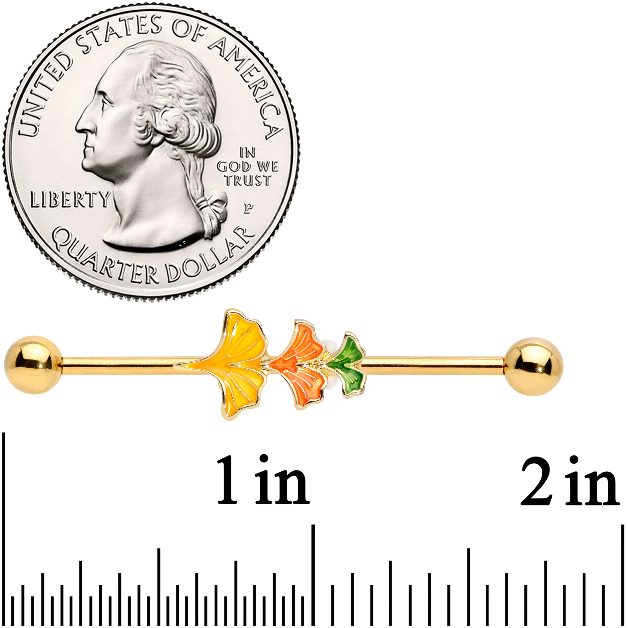 14G Gold Tone Autumn Leaves Fall Industrial Barbell 38mm - Image 2