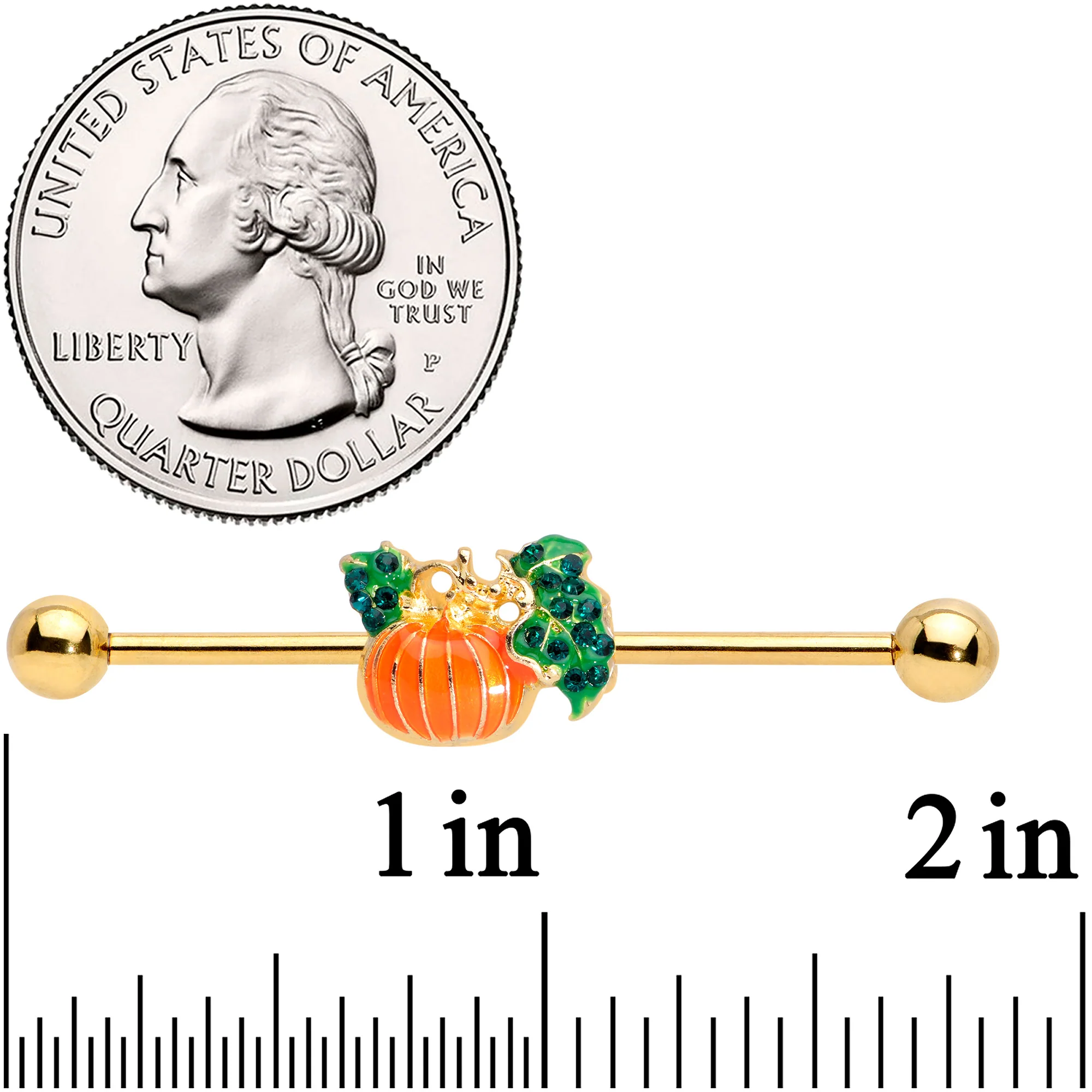 14G Gold Tone Autumn Pumpkin Halloween Industrial Barbell 38mm - Image 2