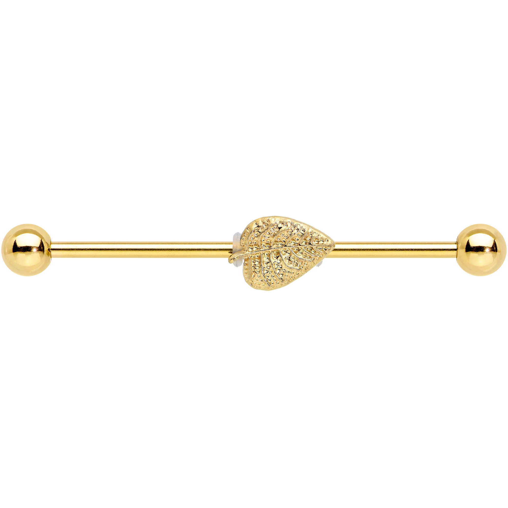 14G Gold Tone Autumn Textured Leaf Industrial Barbell 38mm - Image 2