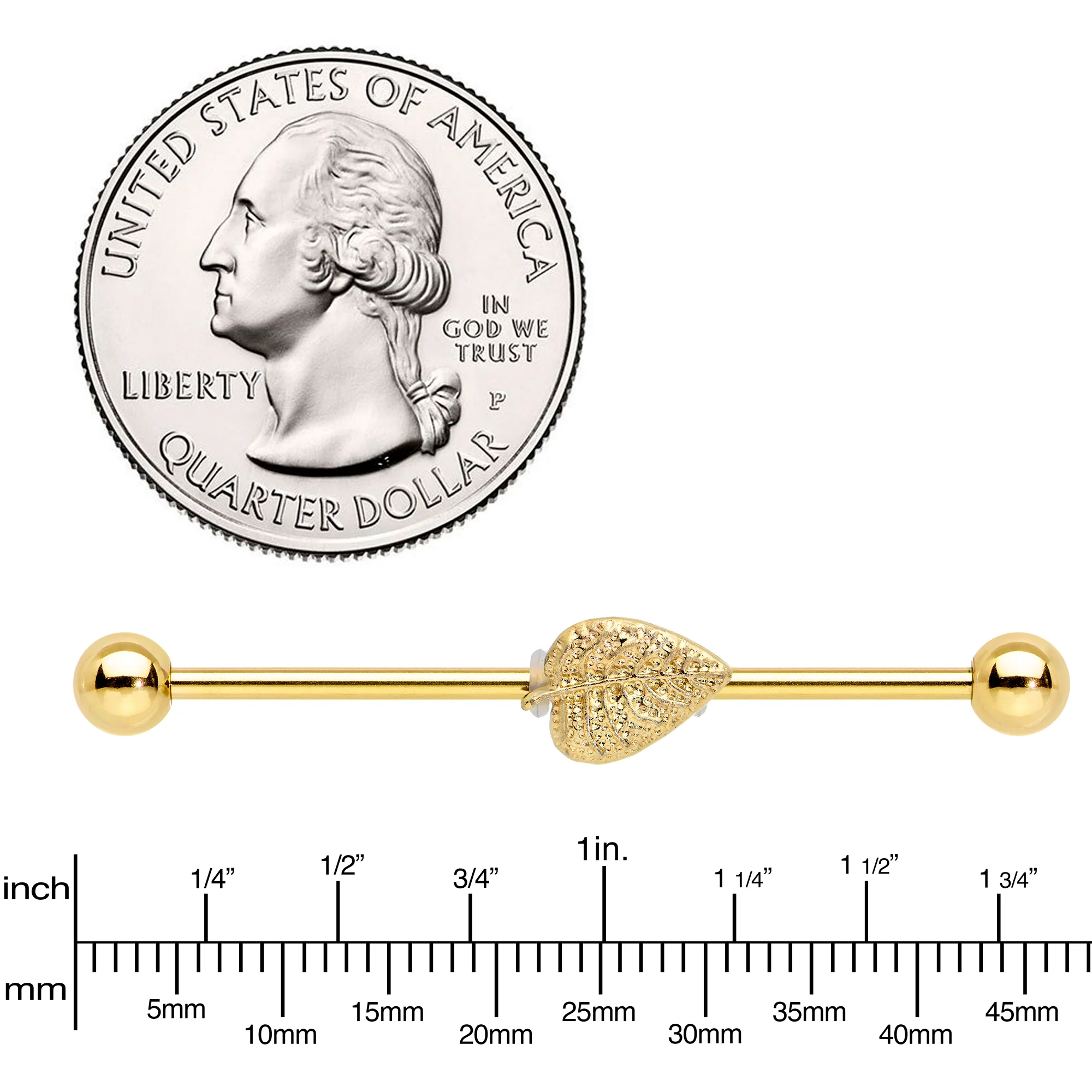 14G Gold Tone Autumn Textured Leaf Industrial Barbell 38mm - Image 3