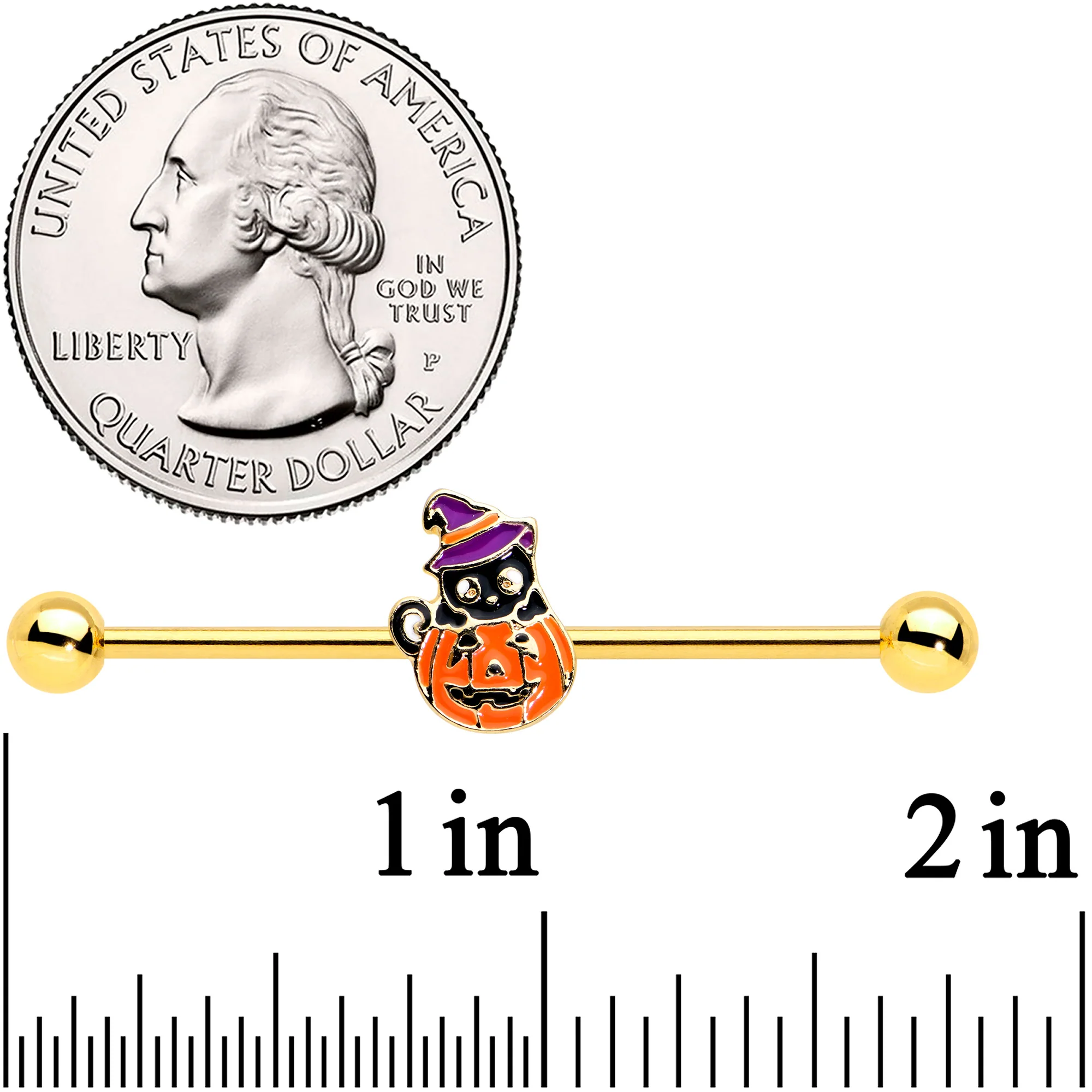 14G Gold Tone Black Cat Witch Halloween Industrial Barbell 38mm - Image 2