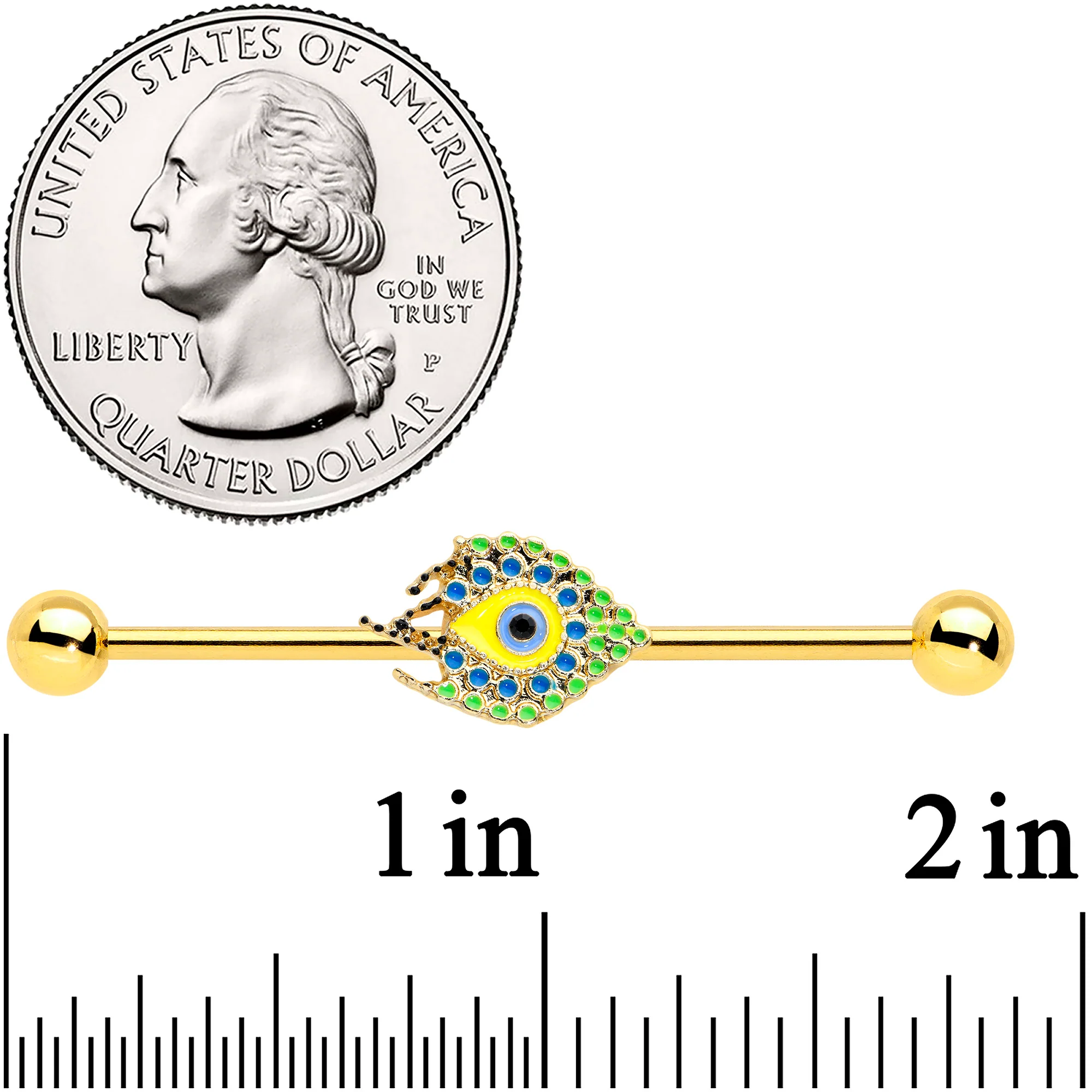 14G Gold Tone Bold Peacock Feather Industrial Barbell 38mm - Image 2