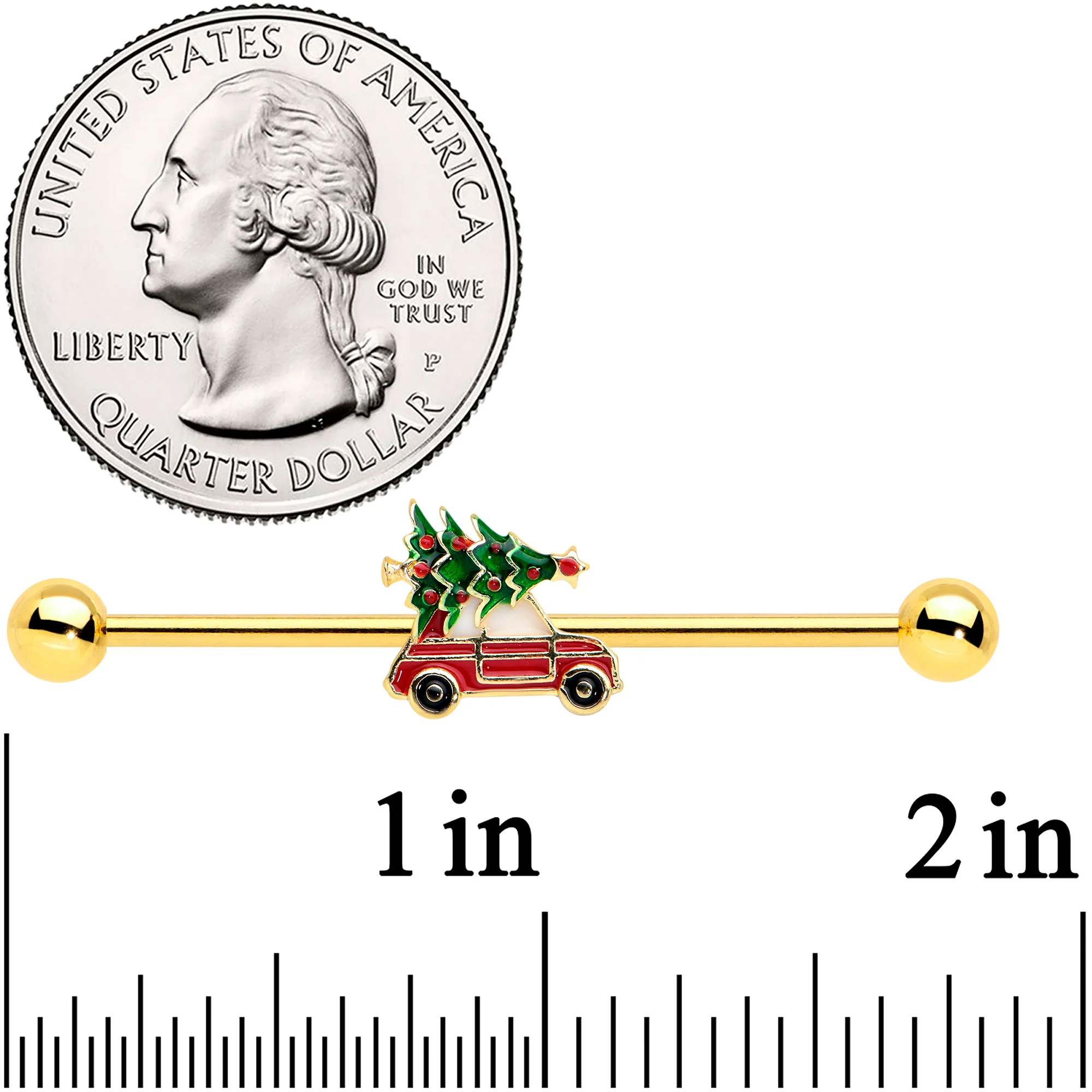 14G Gold Tone Buggy Christmas Tree Industrial Barbell 38mm - Image 2