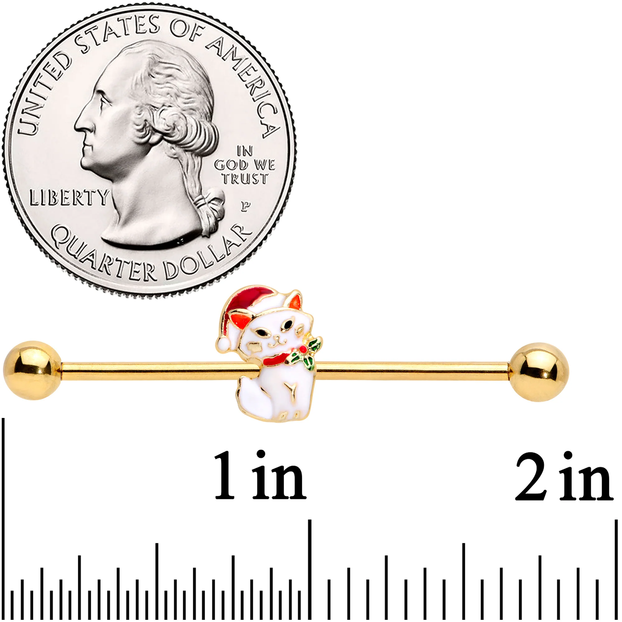 14G Gold Tone Cat Santa Hat Christmas Industrial Barbell 38mm - Image 2