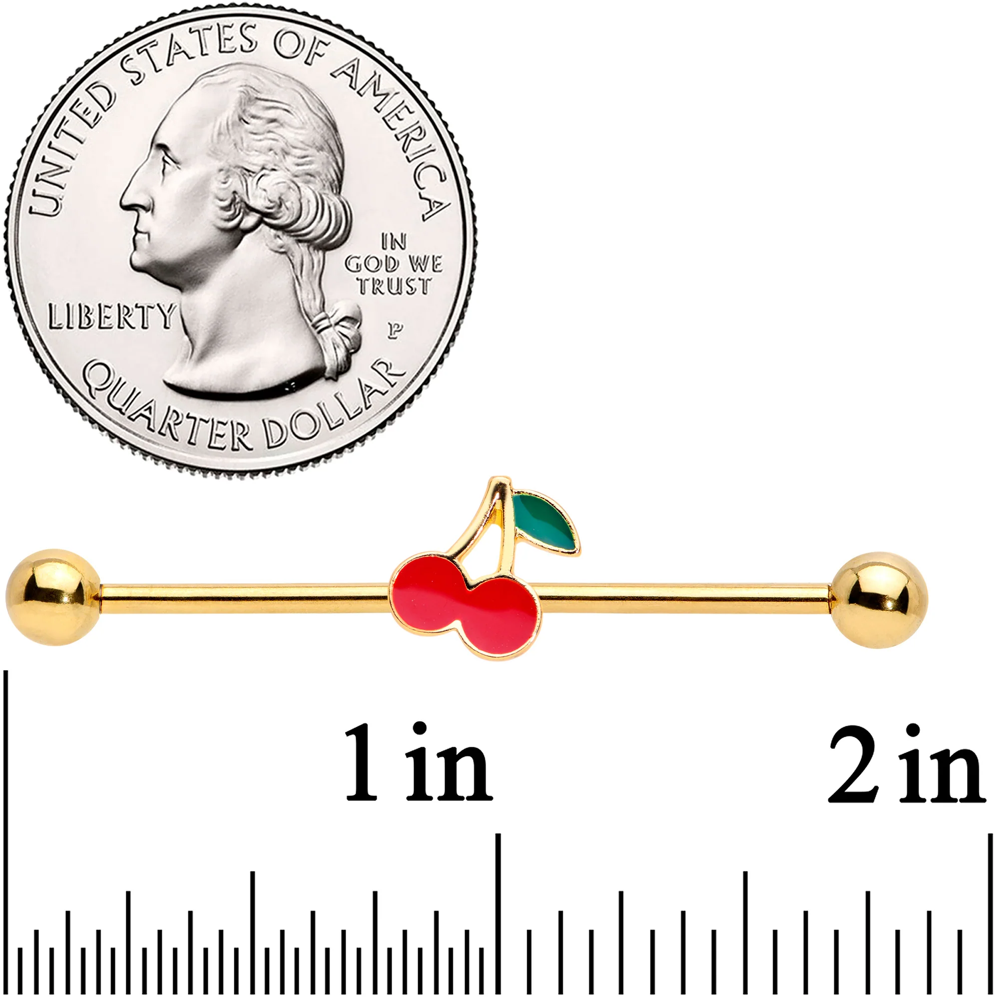 14G Gold Tone Charming Cherries Industrial Barbell 38mm - Image 2