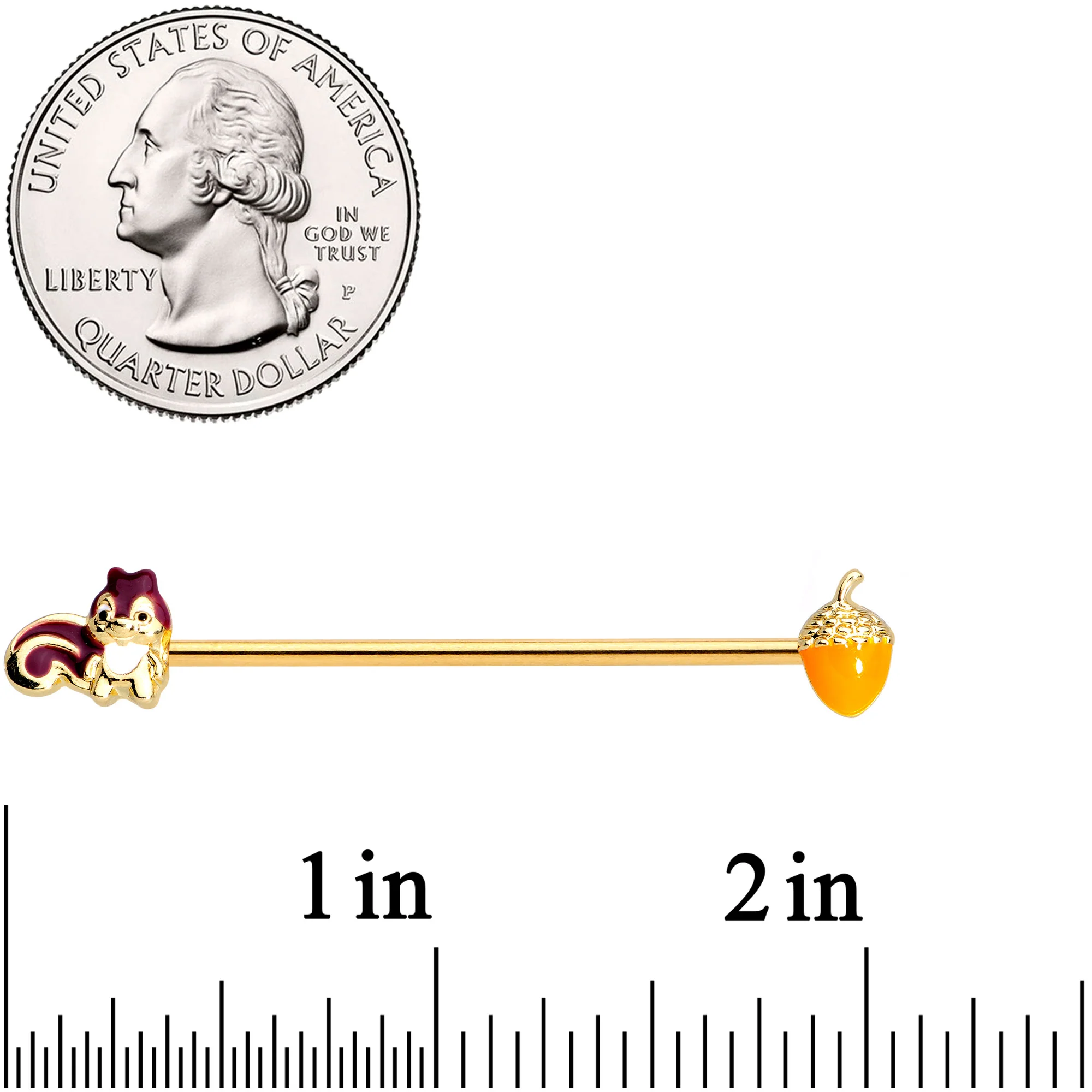 14G Gold Tone Squirrel Acorn Industrial Barbell 38mm - Image 2