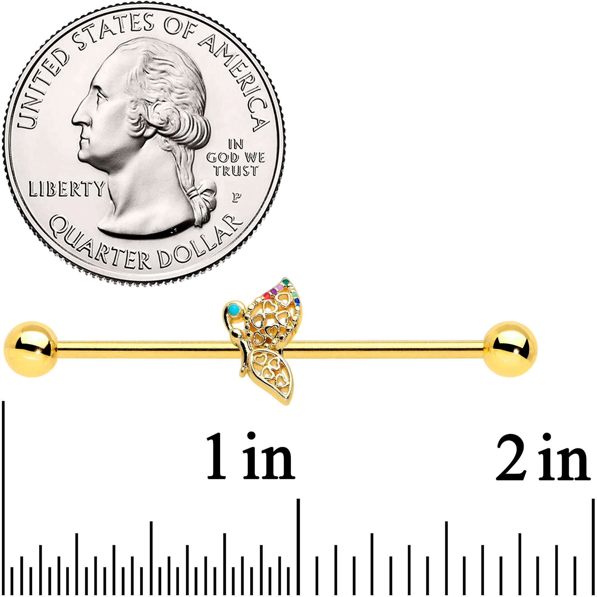 14G Gold Tone Colorful Hearts Butterfly Industrial Barbell 38mm - Image 2