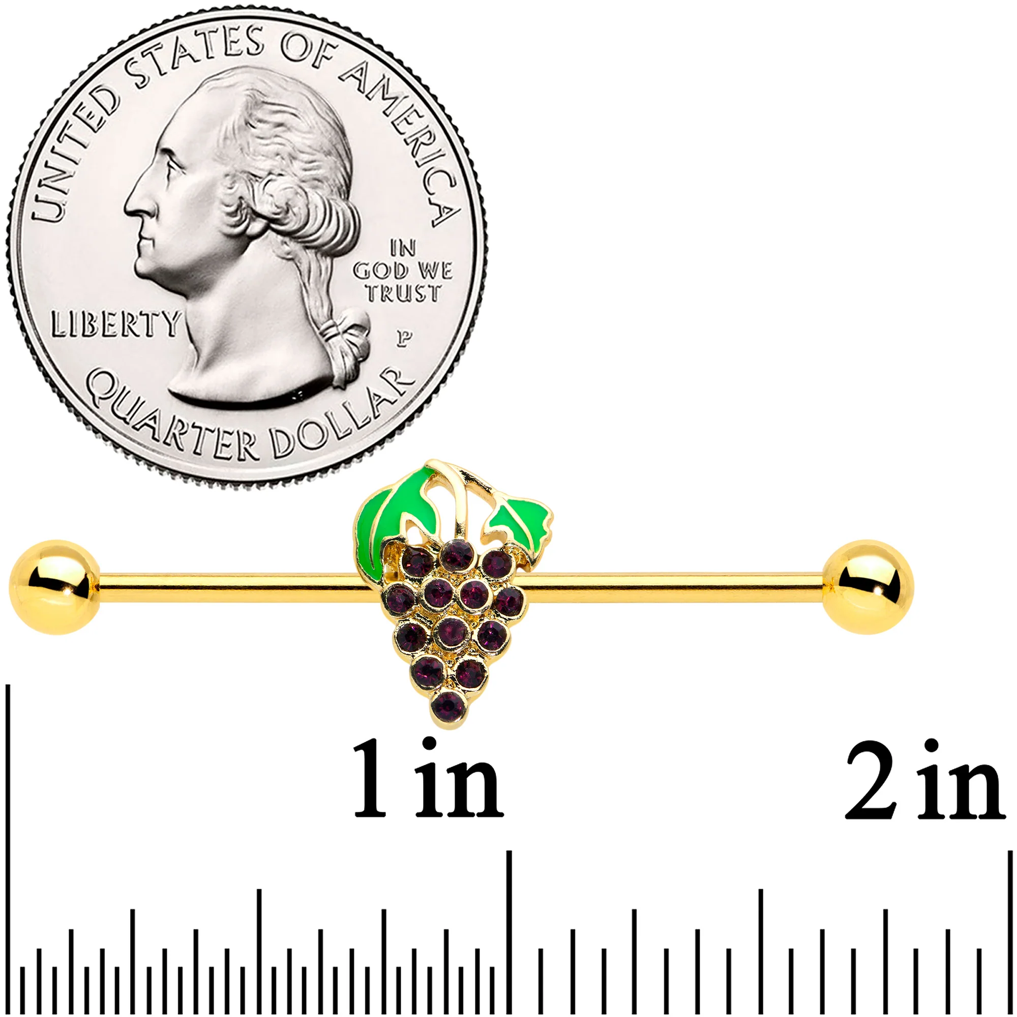 14G Gold Tone Delicious Grapes Fruit Industrial Barbell 38mm - Image 2