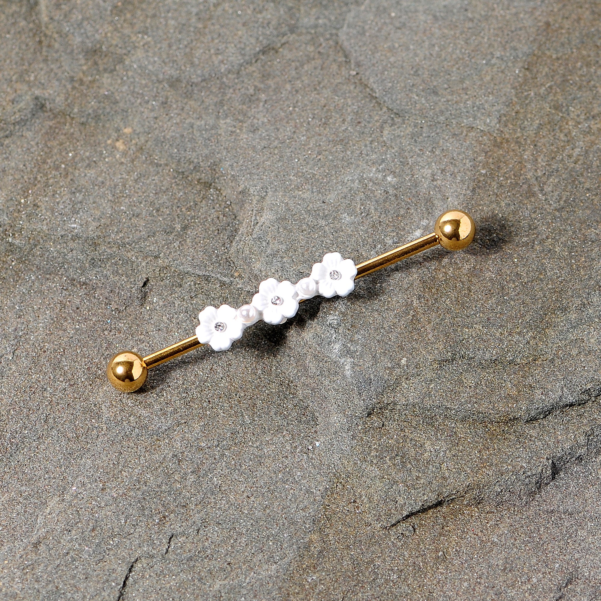 14G Clear Gem Gold Tone Flower Industrial Barbell 38mm - Image 4