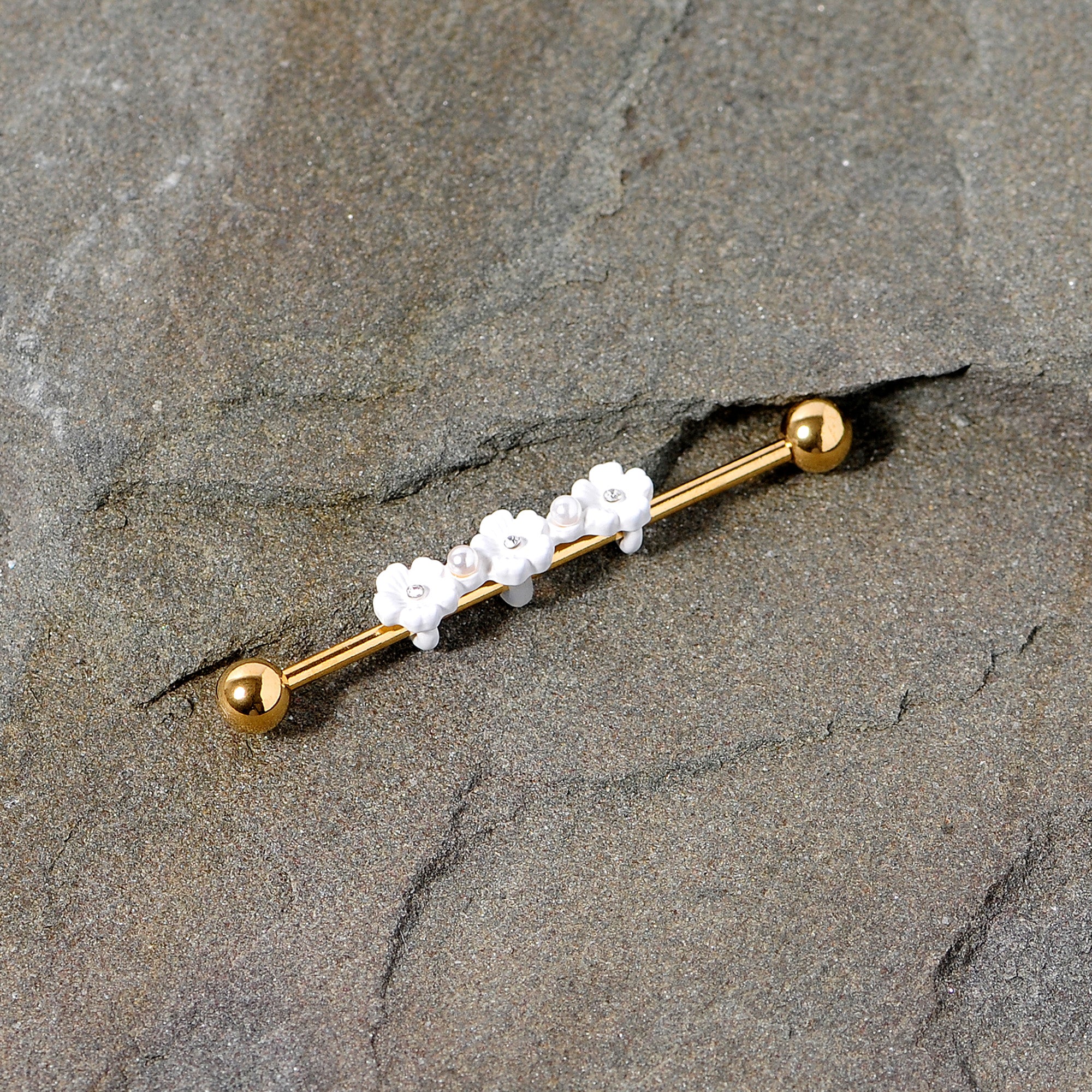 14G Clear Gem Gold Tone Flower Industrial Barbell 38mm - Image 5