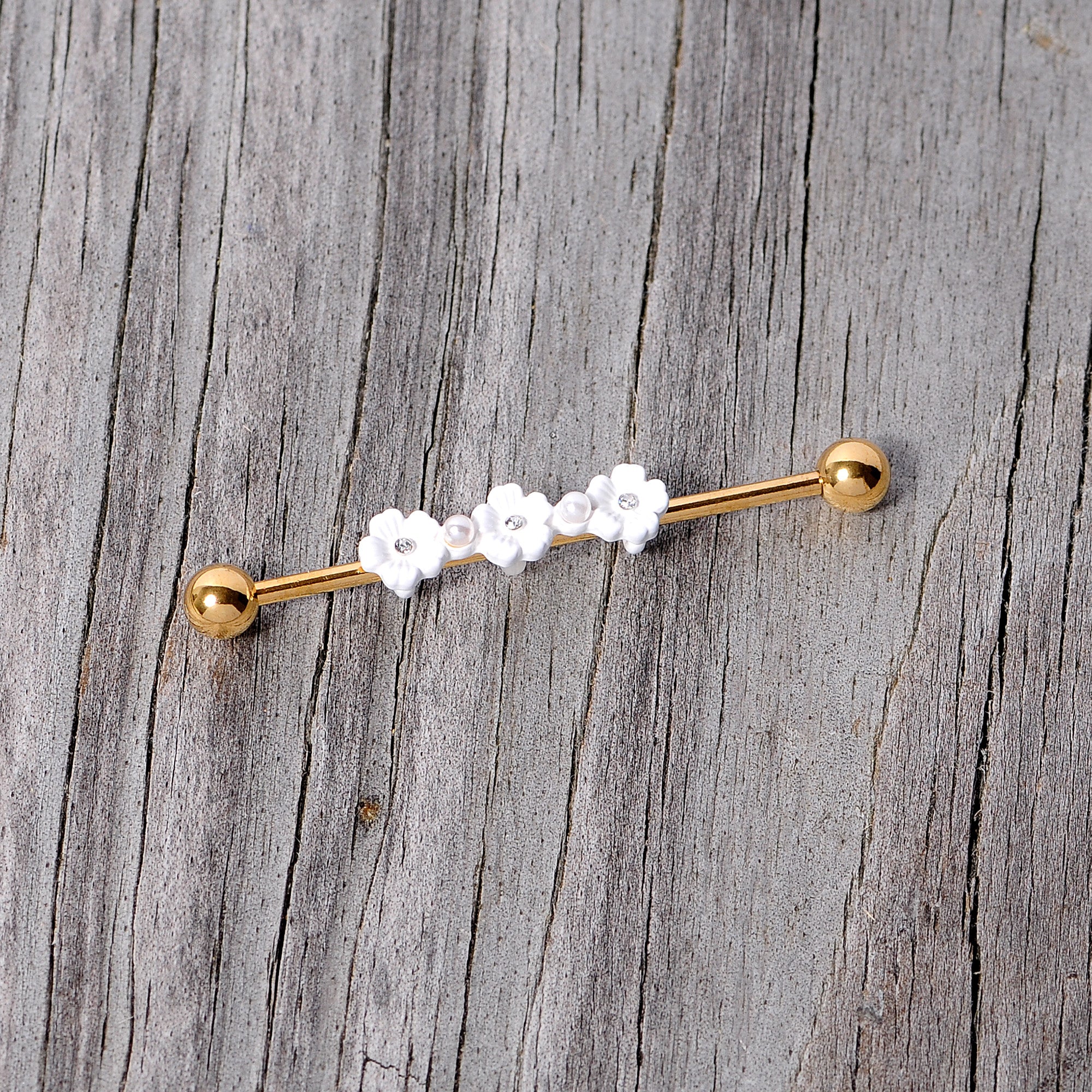 14G Clear Gem Gold Tone Flower Industrial Barbell 38mm - Image 6