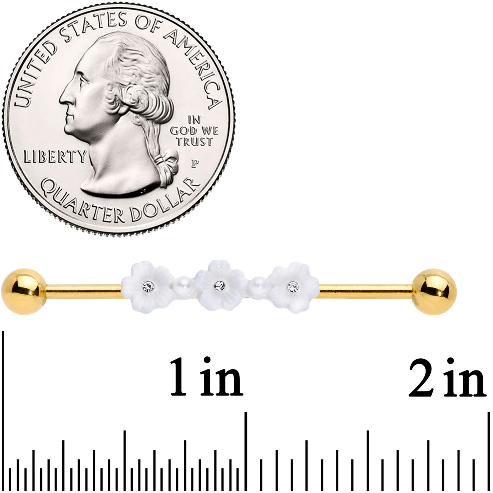 14G Clear Gem Gold Tone Flower Industrial Barbell 38mm - Image 7