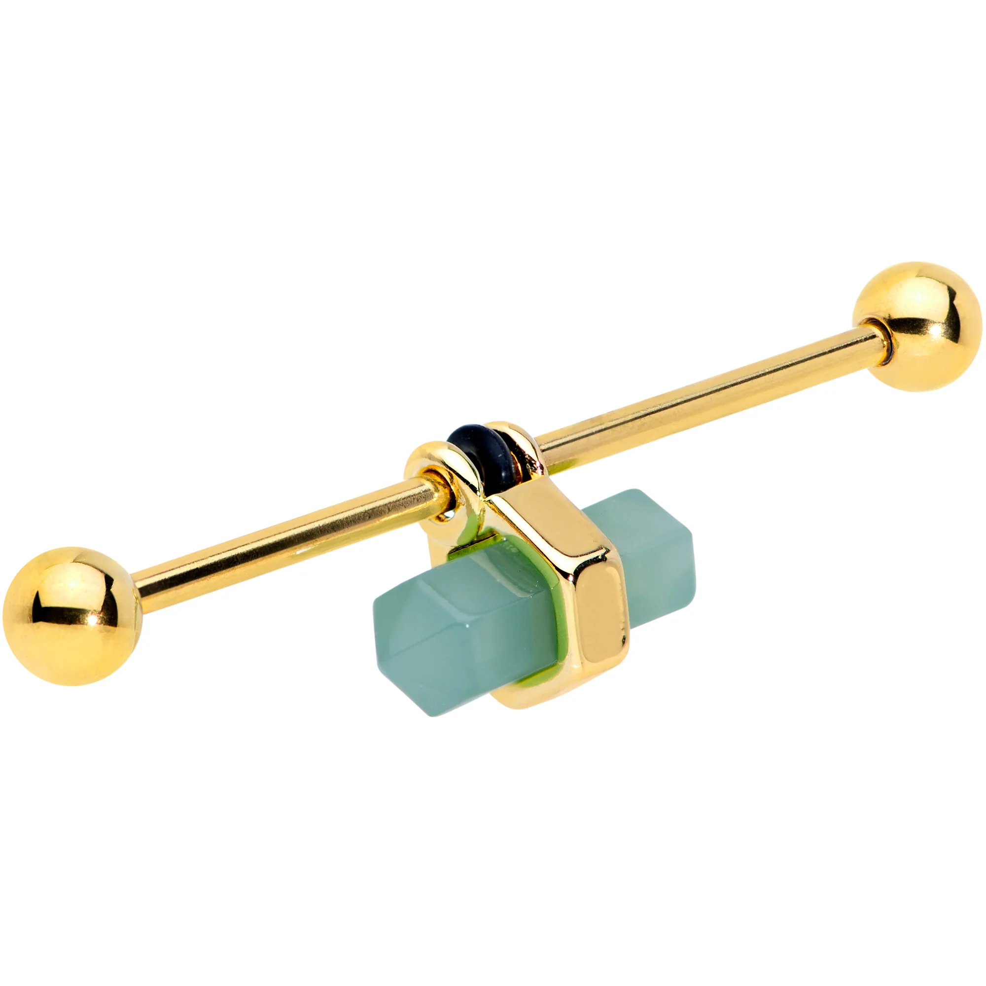 14G Gold Tone Green Gem Groovy Stone Hippie Industrial Barbell 38mm - Image 2