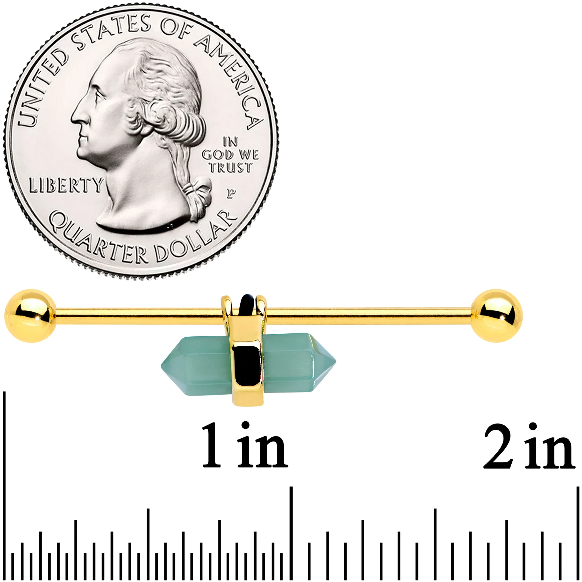 14G Gold Tone Green Gem Groovy Stone Hippie Industrial Barbell 38mm - Image 3