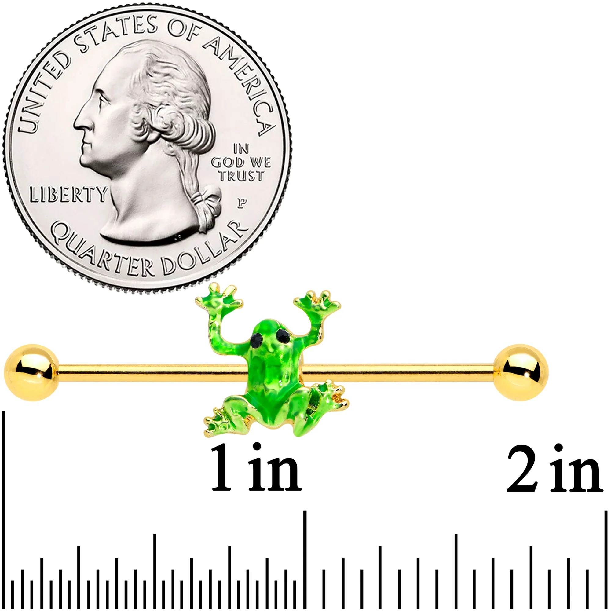 14G Gold Tone Green Tree Frog Industrial Barbell 38mm - Image 2