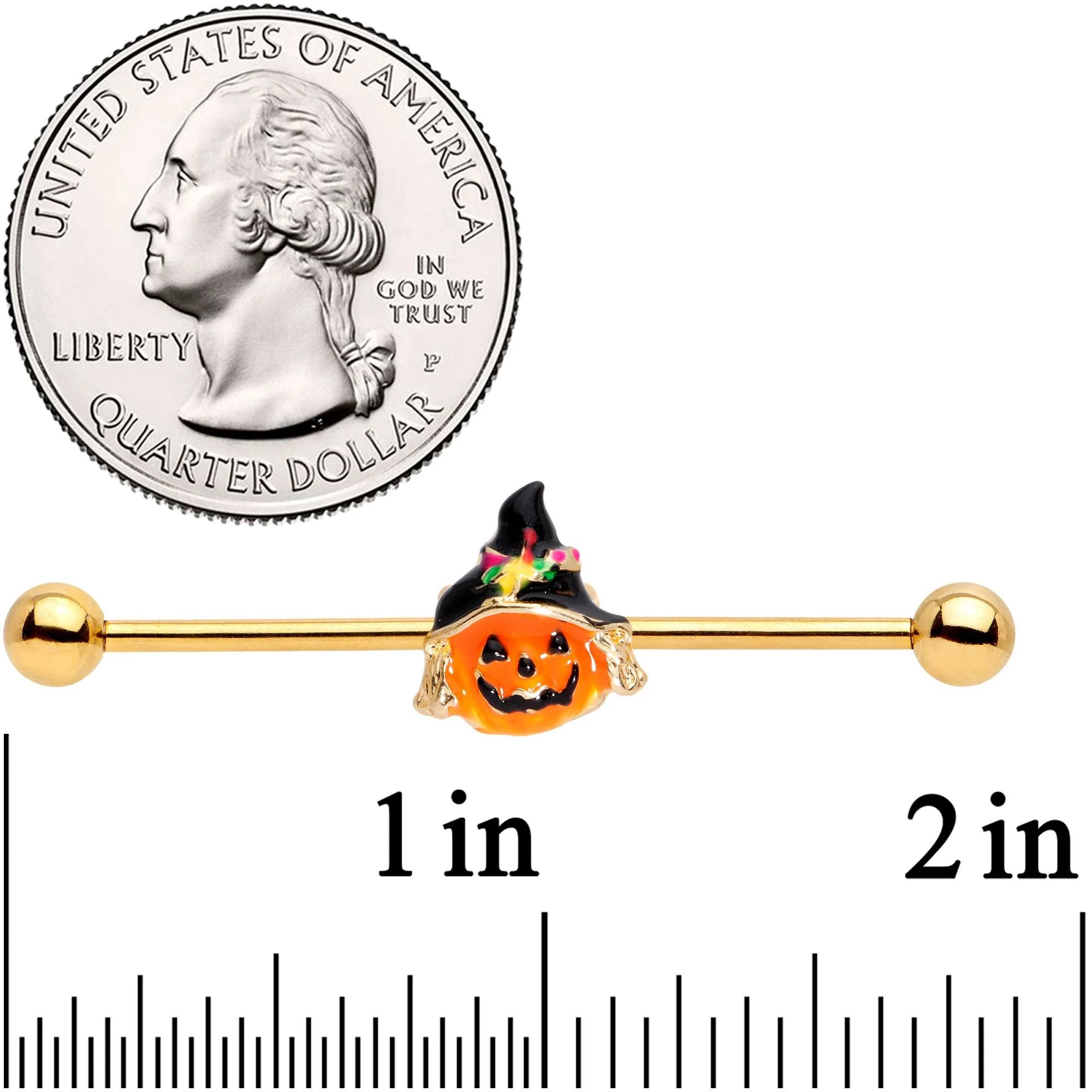 14G Gold Tone Halloween Jack O Lantern Industrial Barbell 38mm - Image 2