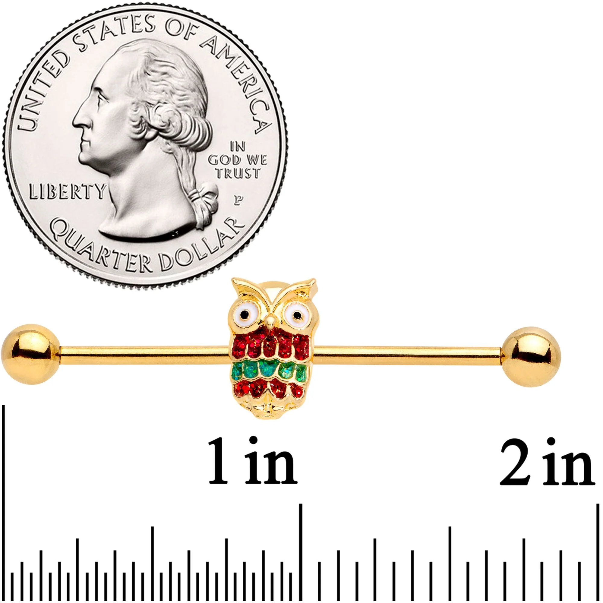 14G Gold Tone Happy Holiday Hoot Owl Industrial Barbell 38mm - Image 2