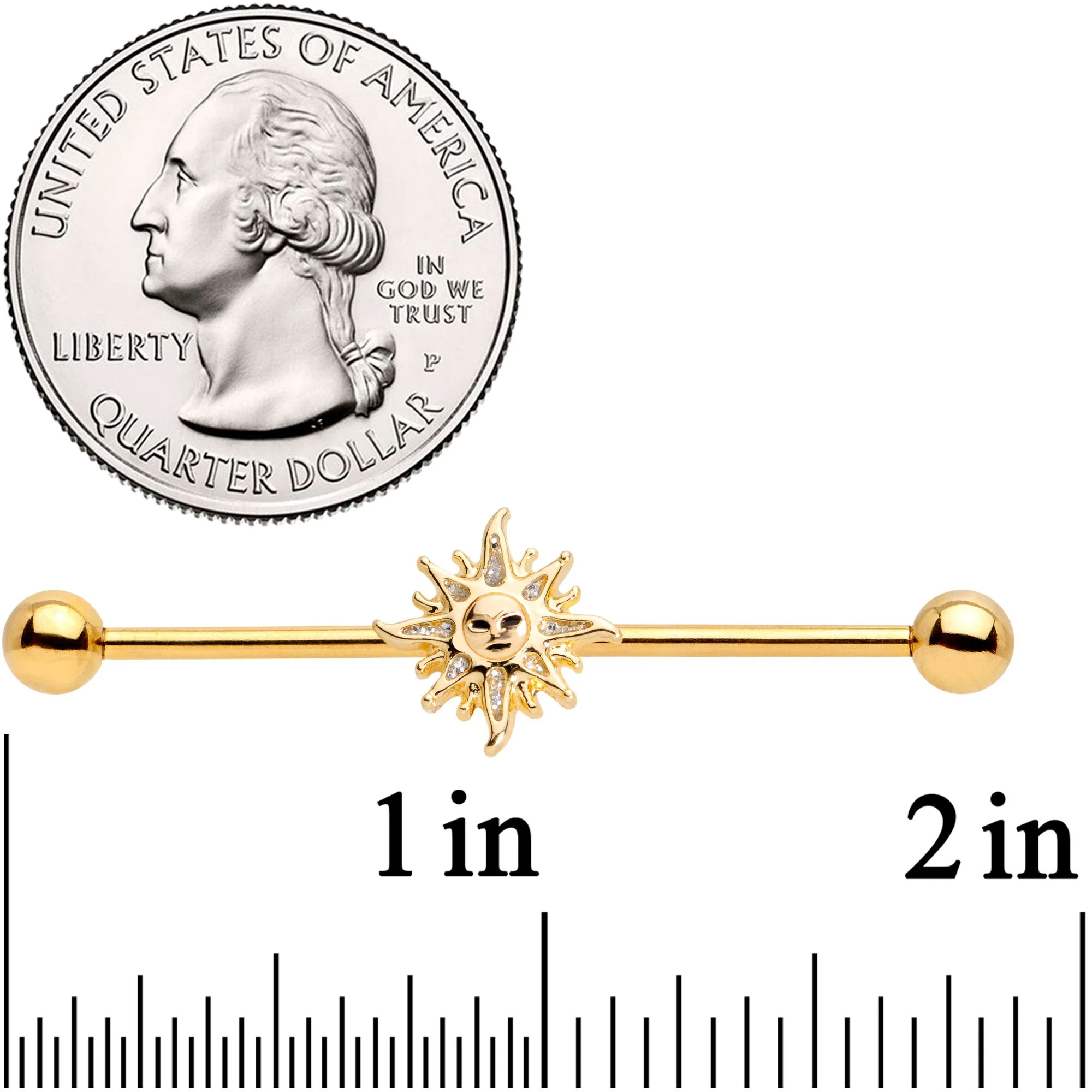 14G Gold Tone Happy Sun Industrial Barbell  38mm - Image 2