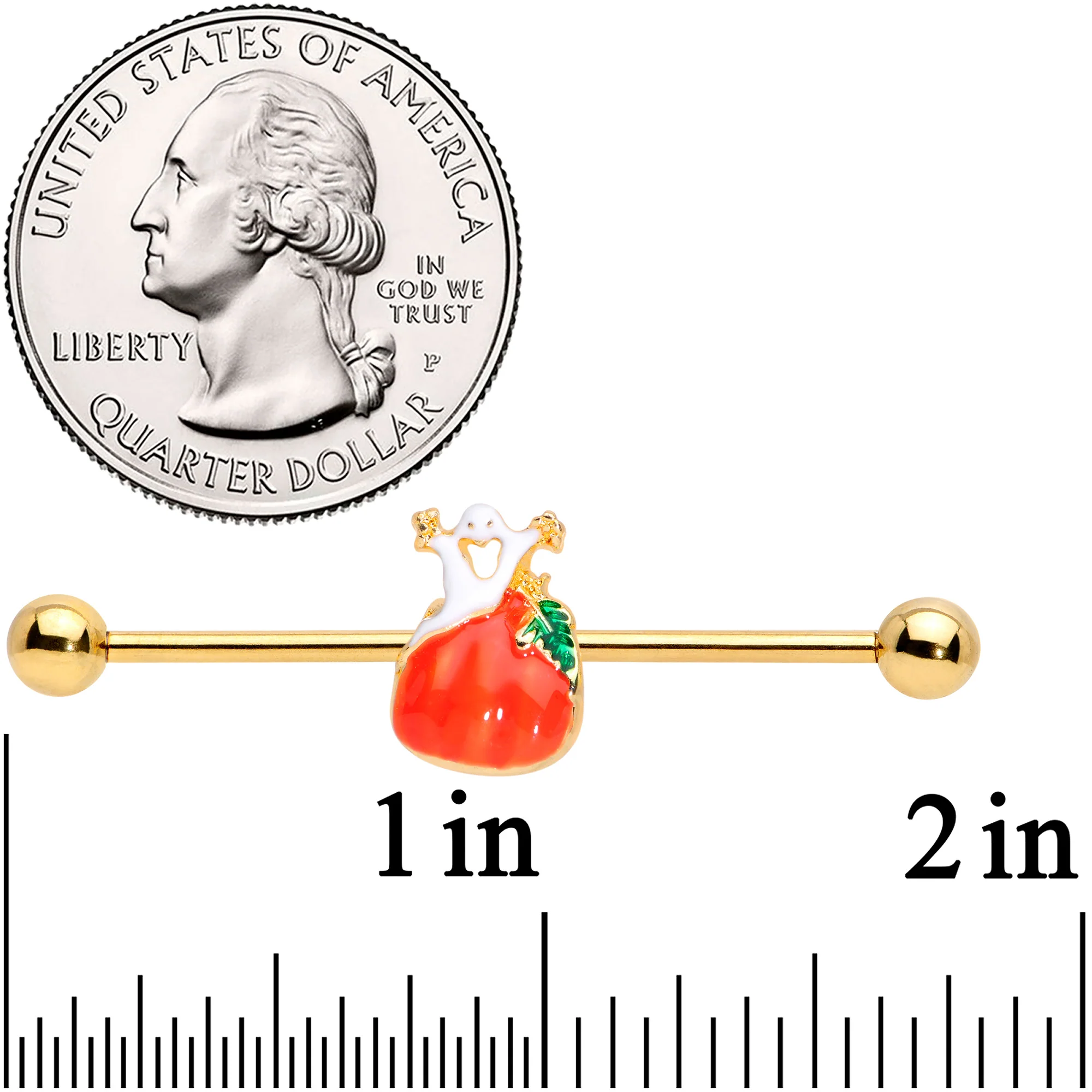 14G Gold Tone Haunted Pumpkin Industrial Barbell 38mm - Image 3