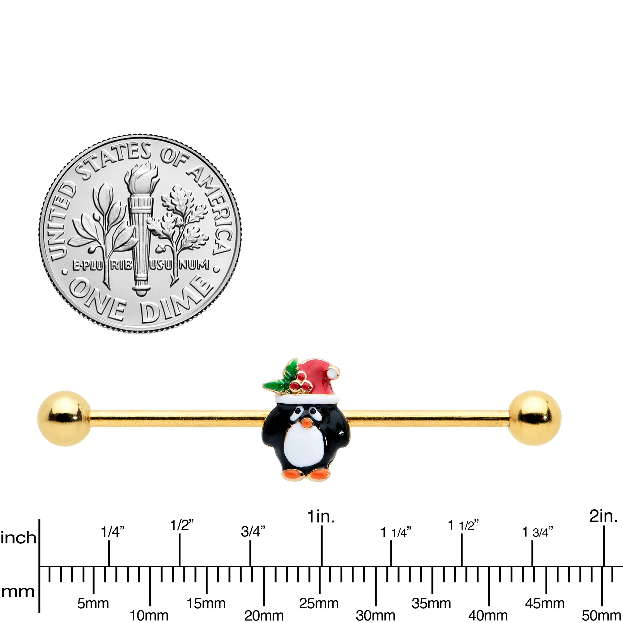 14G Gold Tone Holly Hat Penguin Holiday Industrial Barbell 38mm - Image 3