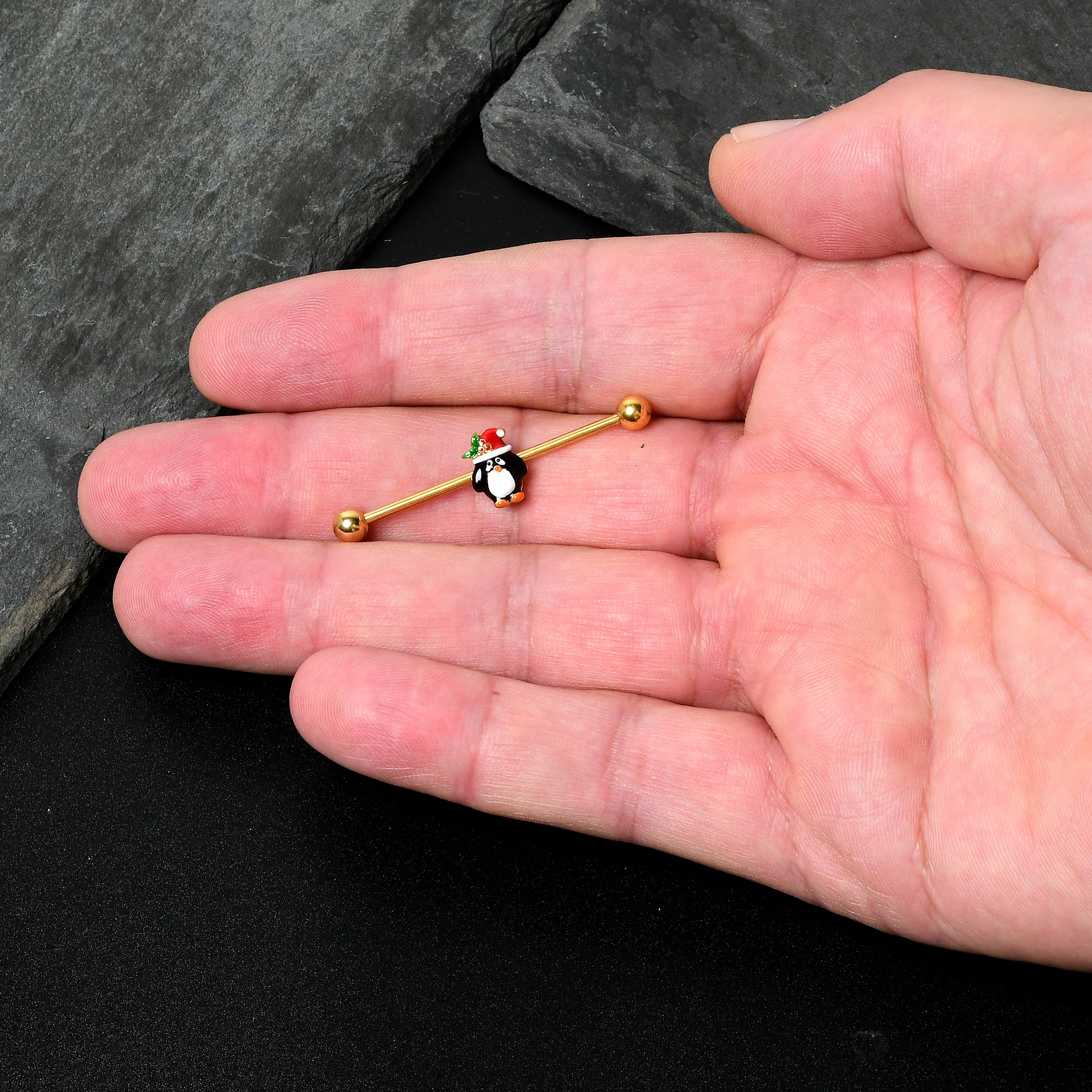 14G Gold Tone Holly Hat Penguin Holiday Industrial Barbell 38mm - Image 4