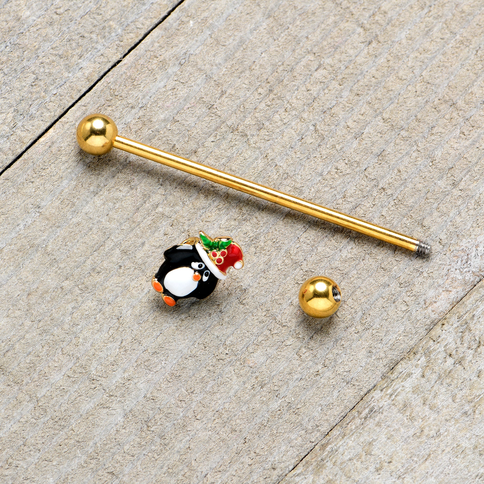 14G Gold Tone Holly Hat Penguin Holiday Industrial Barbell 38mm - Image 6