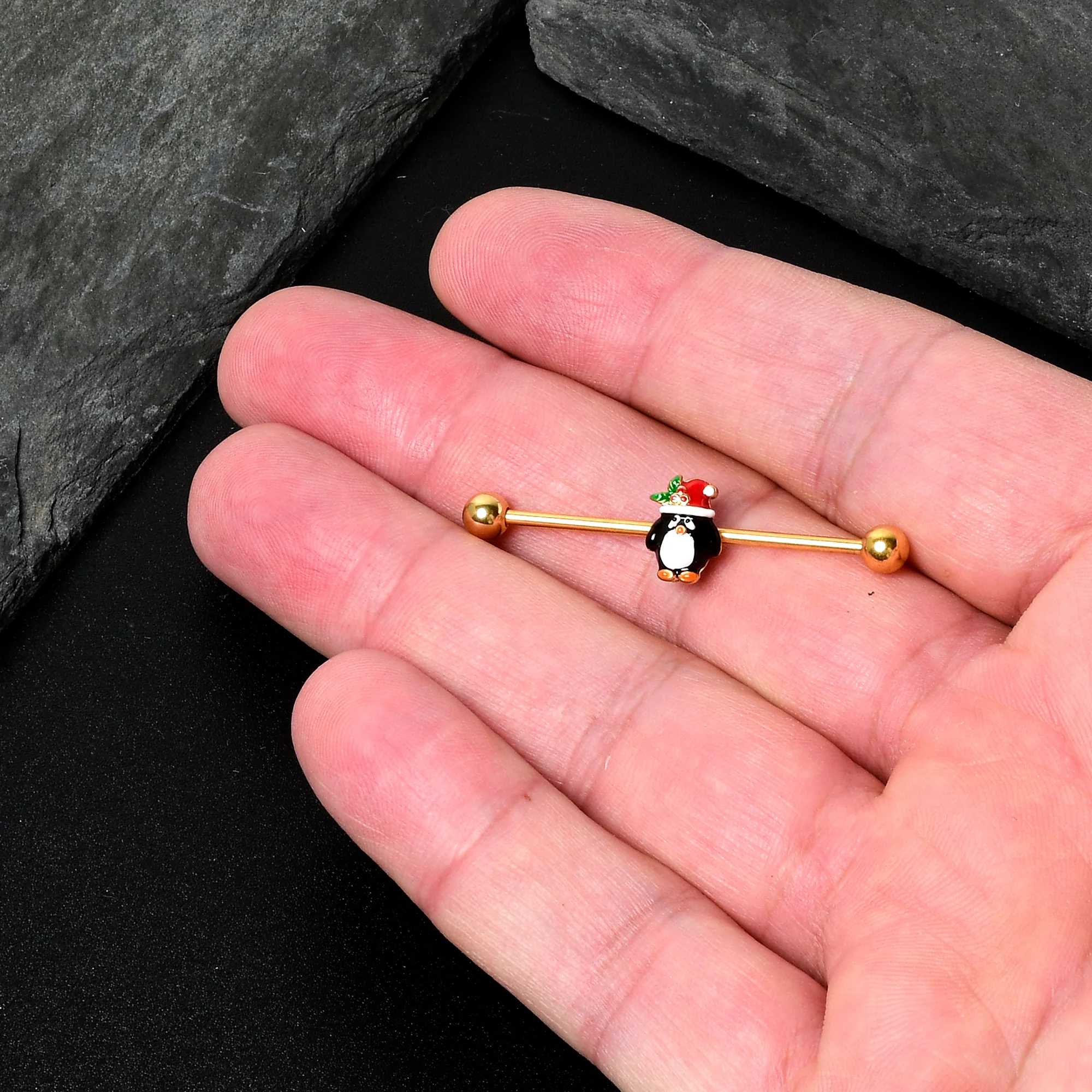 14G Gold Tone Holly Hat Penguin Holiday Industrial Barbell 38mm - Image 7