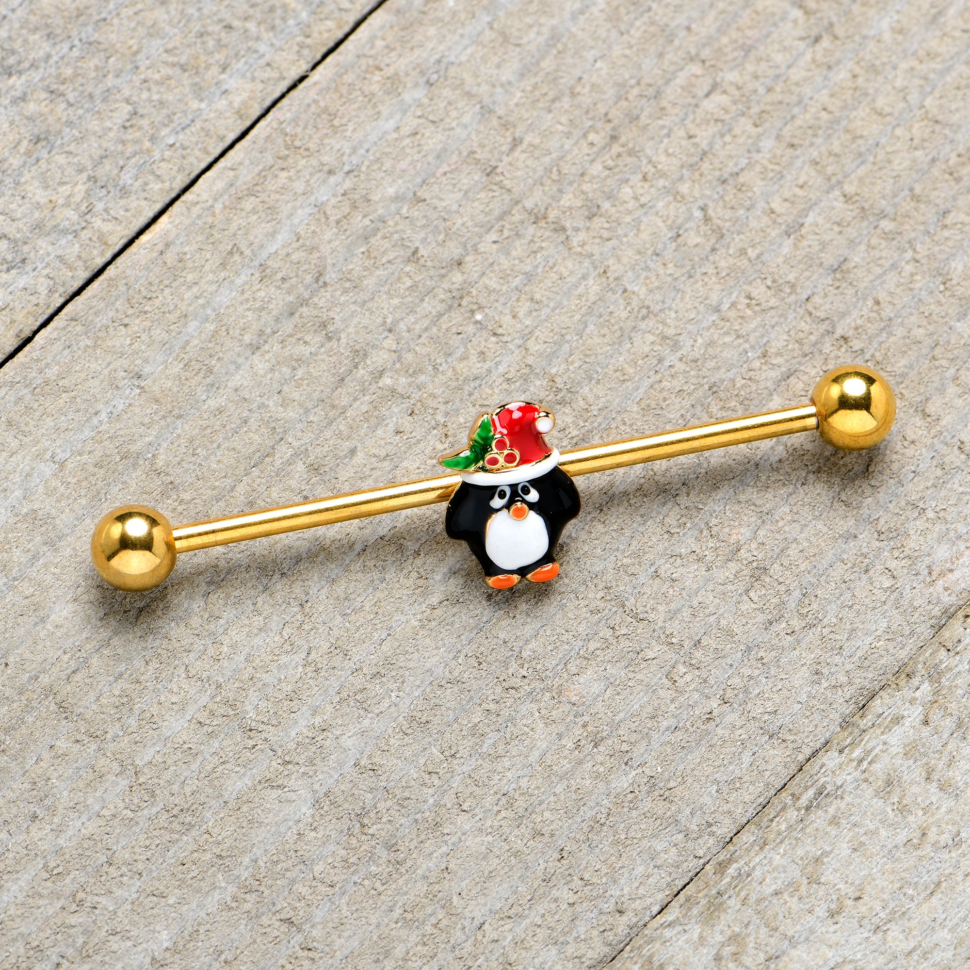 14G Gold Tone Holly Hat Penguin Holiday Industrial Barbell 38mm - Image 8