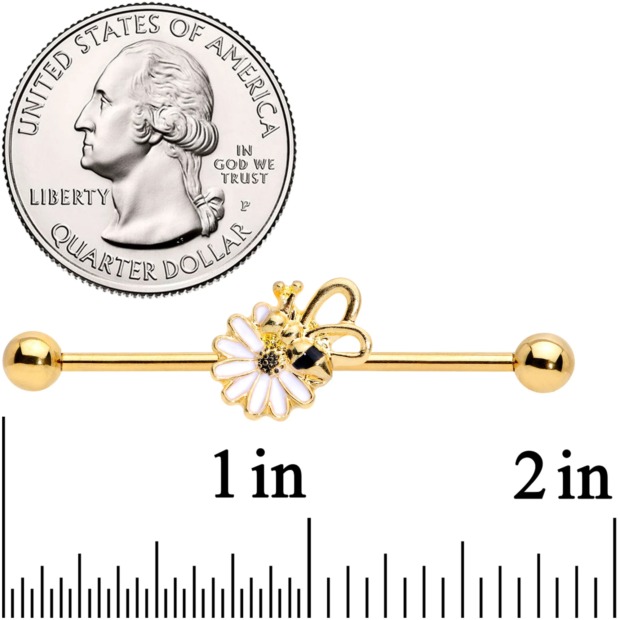 14G Gold Tone Loopy Wings Bee Flower Industrial Barbell 38mm - Image 2