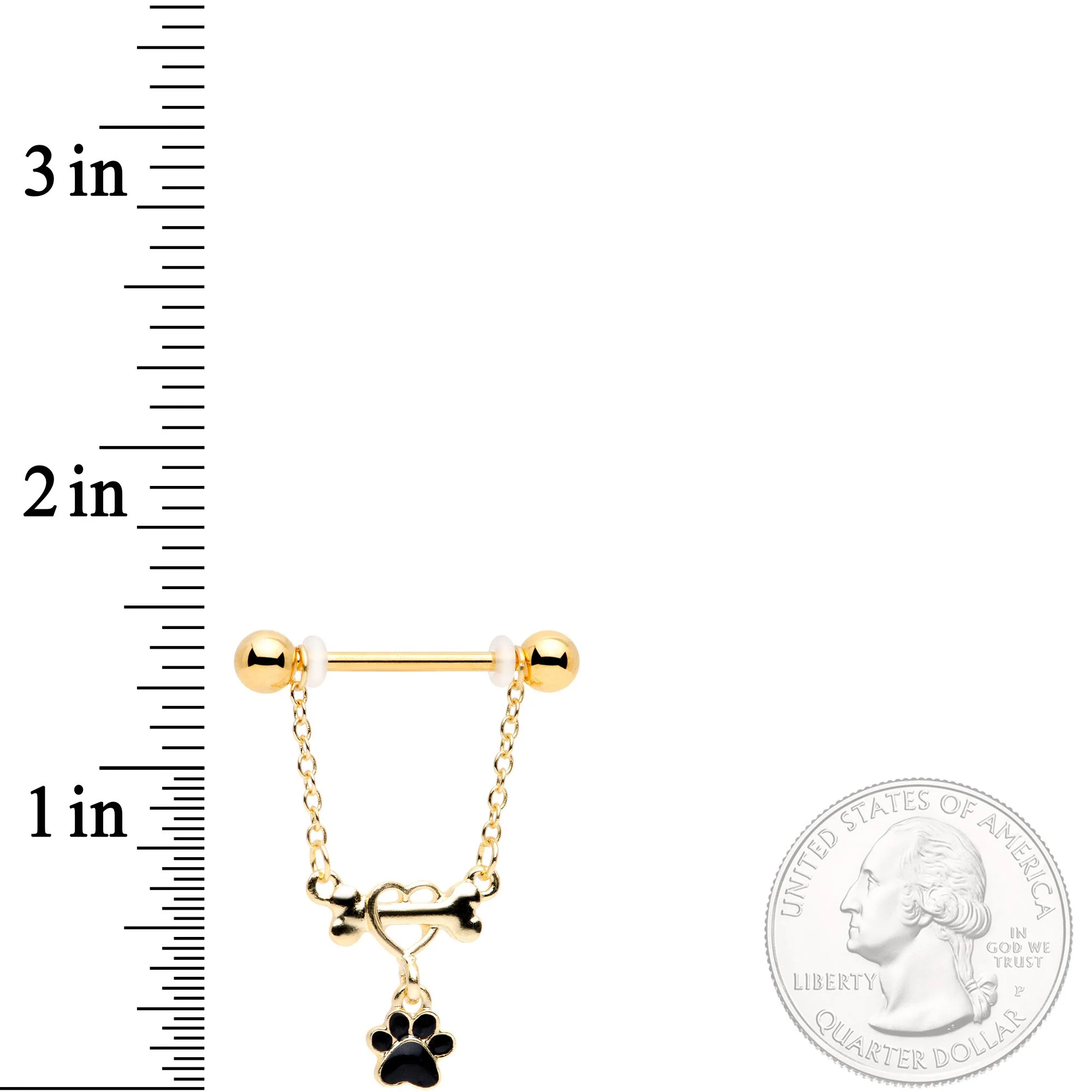 14G Gold Tone Love My Dog Paw Print Dangle Nipple Ring Set - Image 2