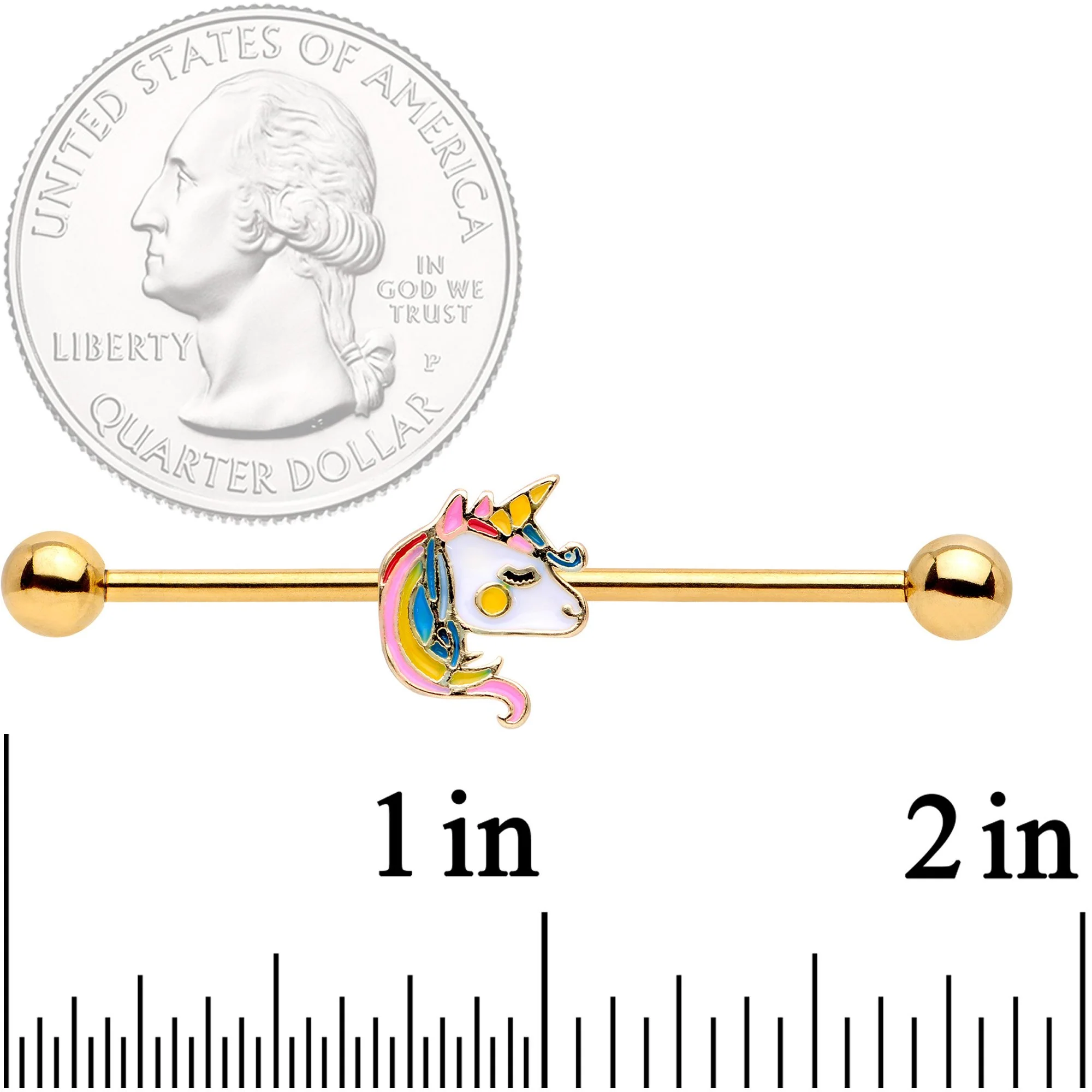 14G Gold Tone Pastel Unicorn Industrial Barbell 38mm - Image 2