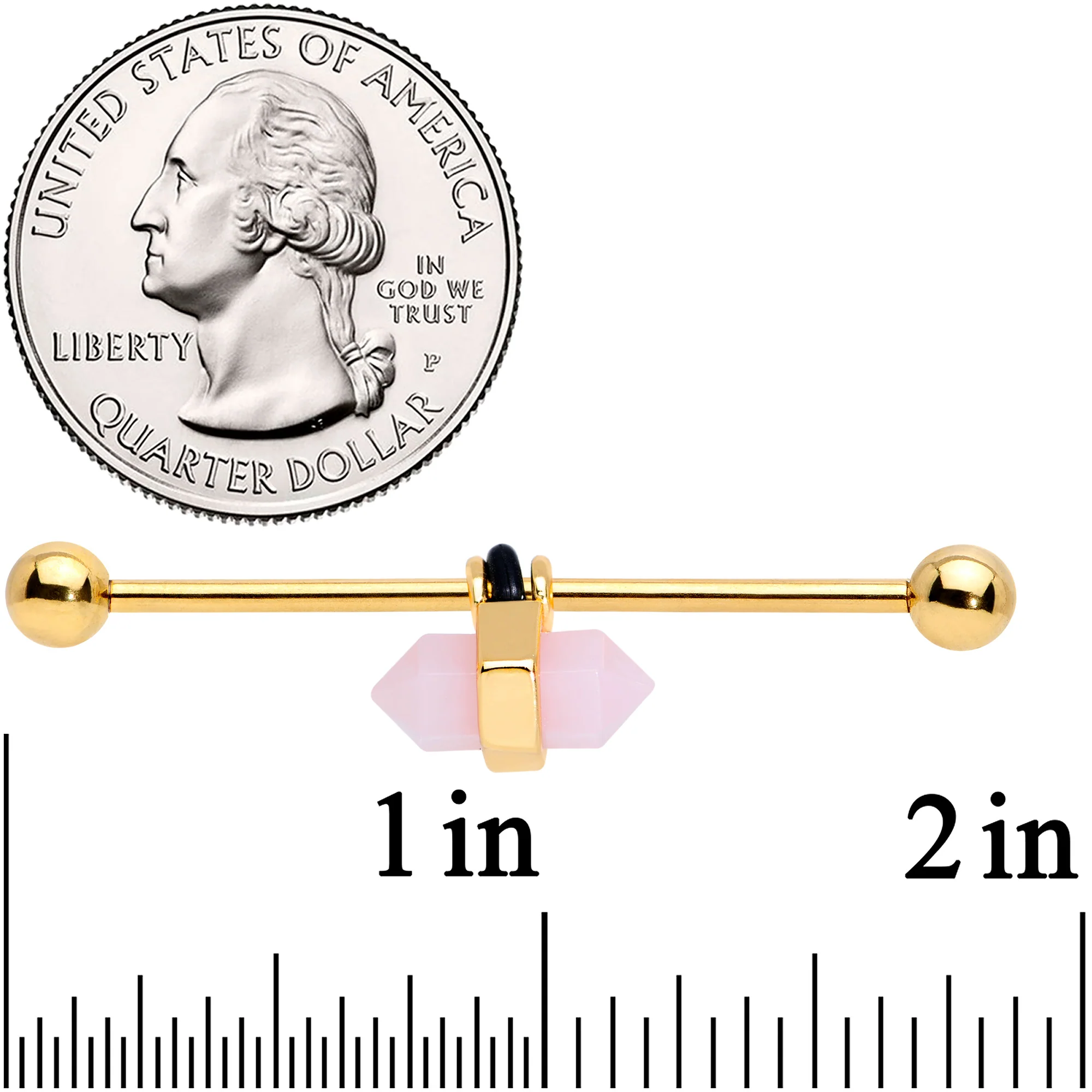 14G Gold Tone Pink Gem Industrial Barbell 38mm - Image 3