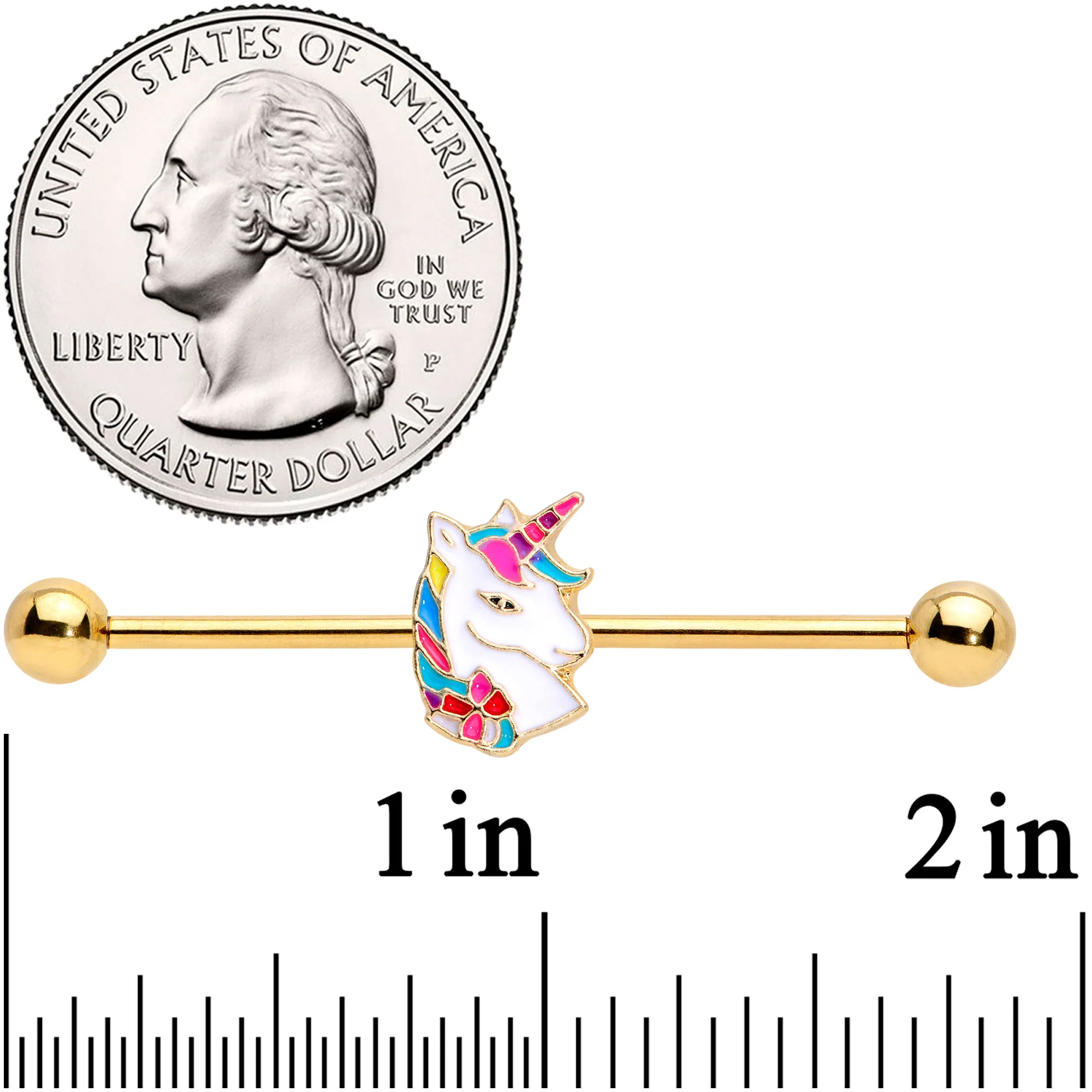 14G Gold Tone Rainbow Unicorn Industrial Barbell 38mm - Image 2