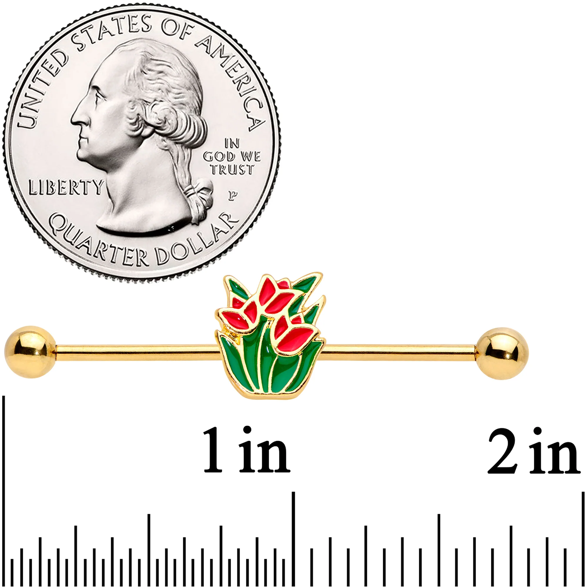 14G Gold Tone Red Tulip Flowers Industrial Barbell 38mm - Image 2
