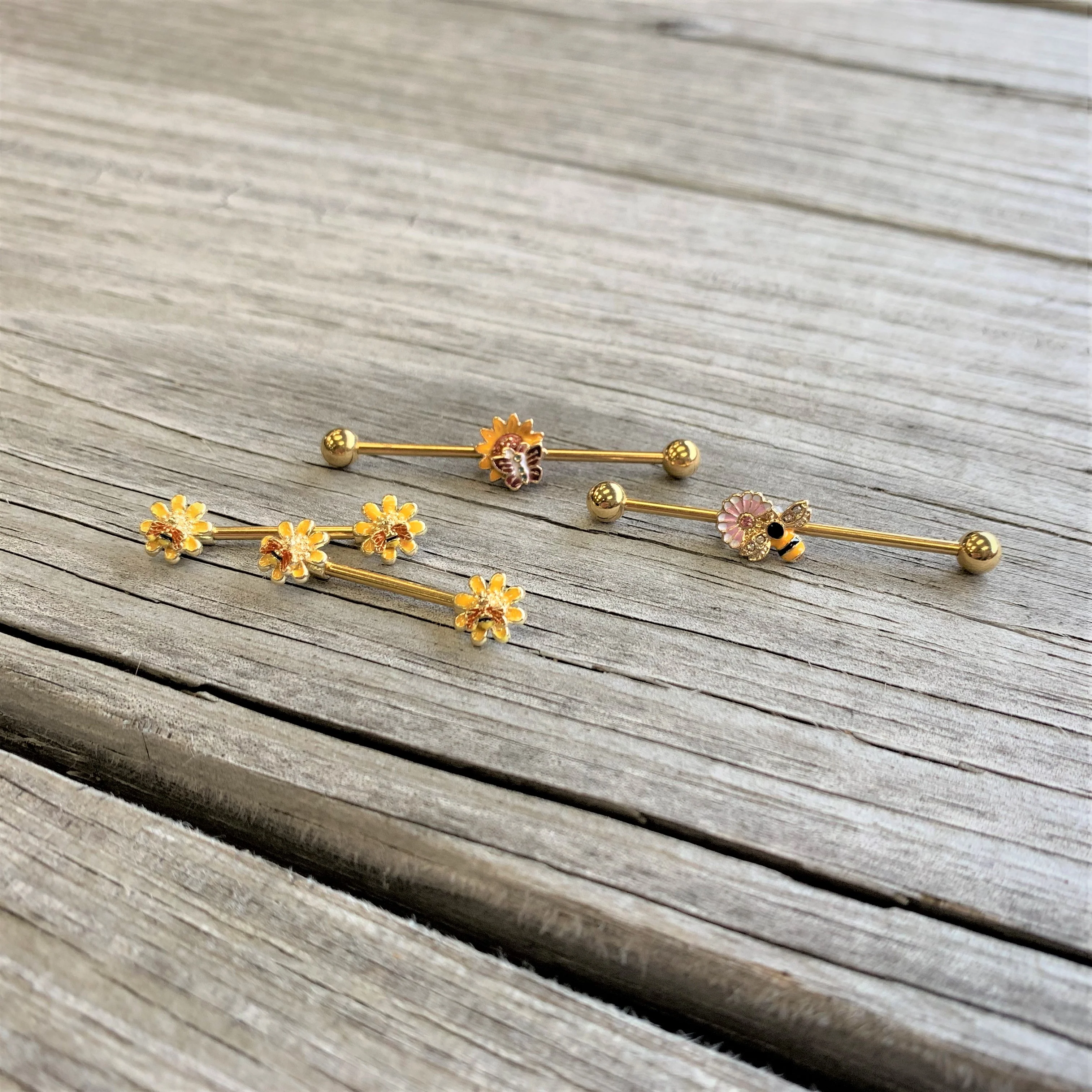 14G Gold Tone Red Yellow Butterfly Flower Industrial Barbell 38mm - Image 2