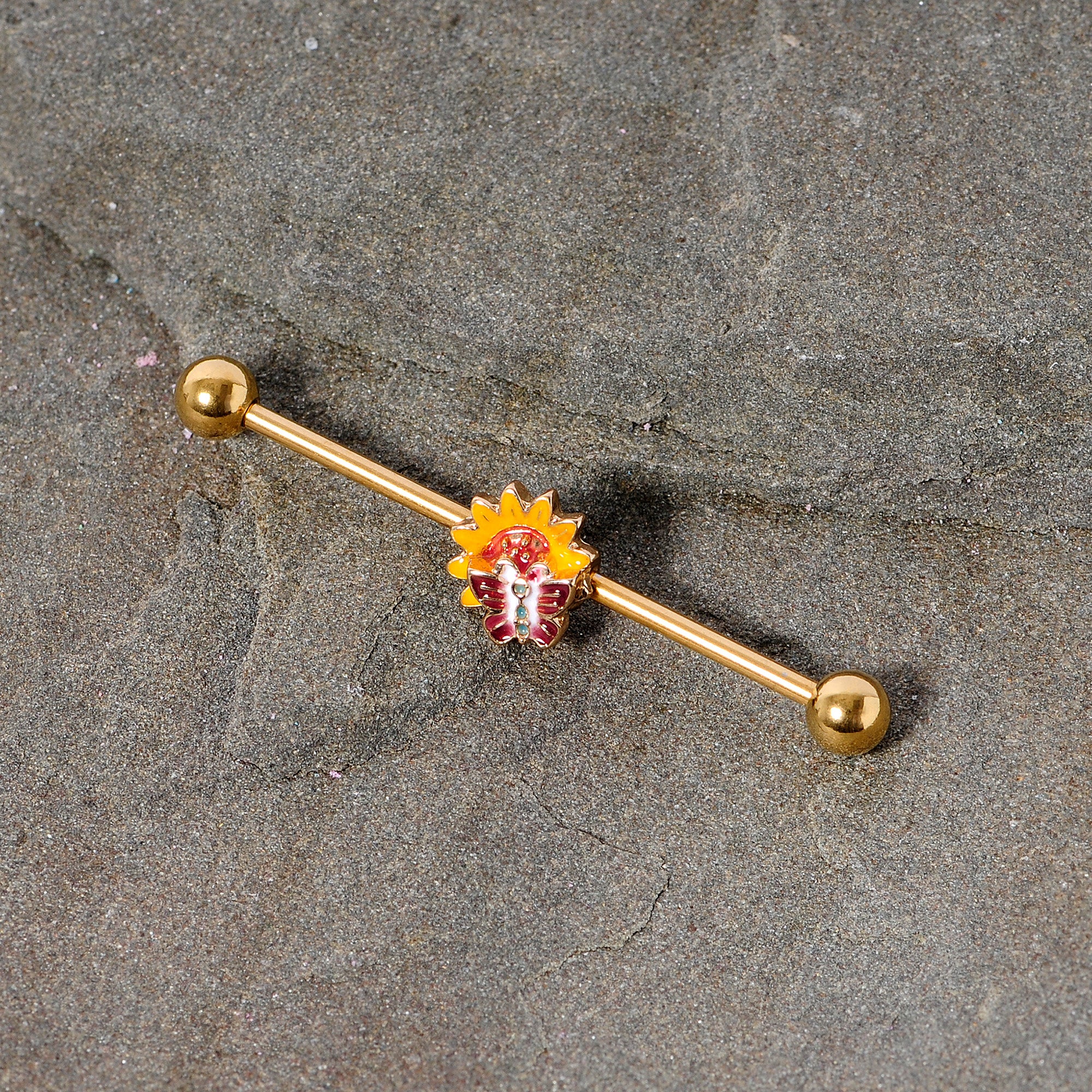 14G Gold Tone Red Yellow Butterfly Flower Industrial Barbell 38mm - Image 3