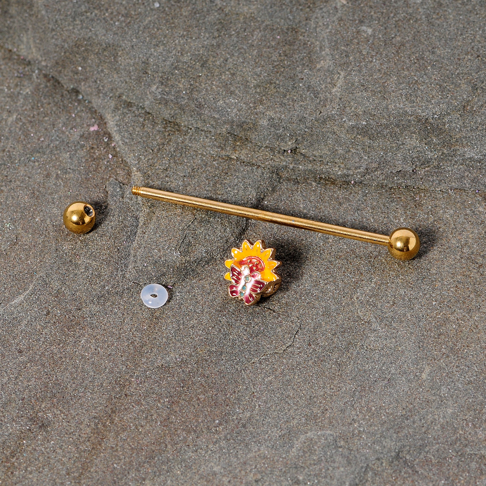 14G Gold Tone Red Yellow Butterfly Flower Industrial Barbell 38mm - Image 4