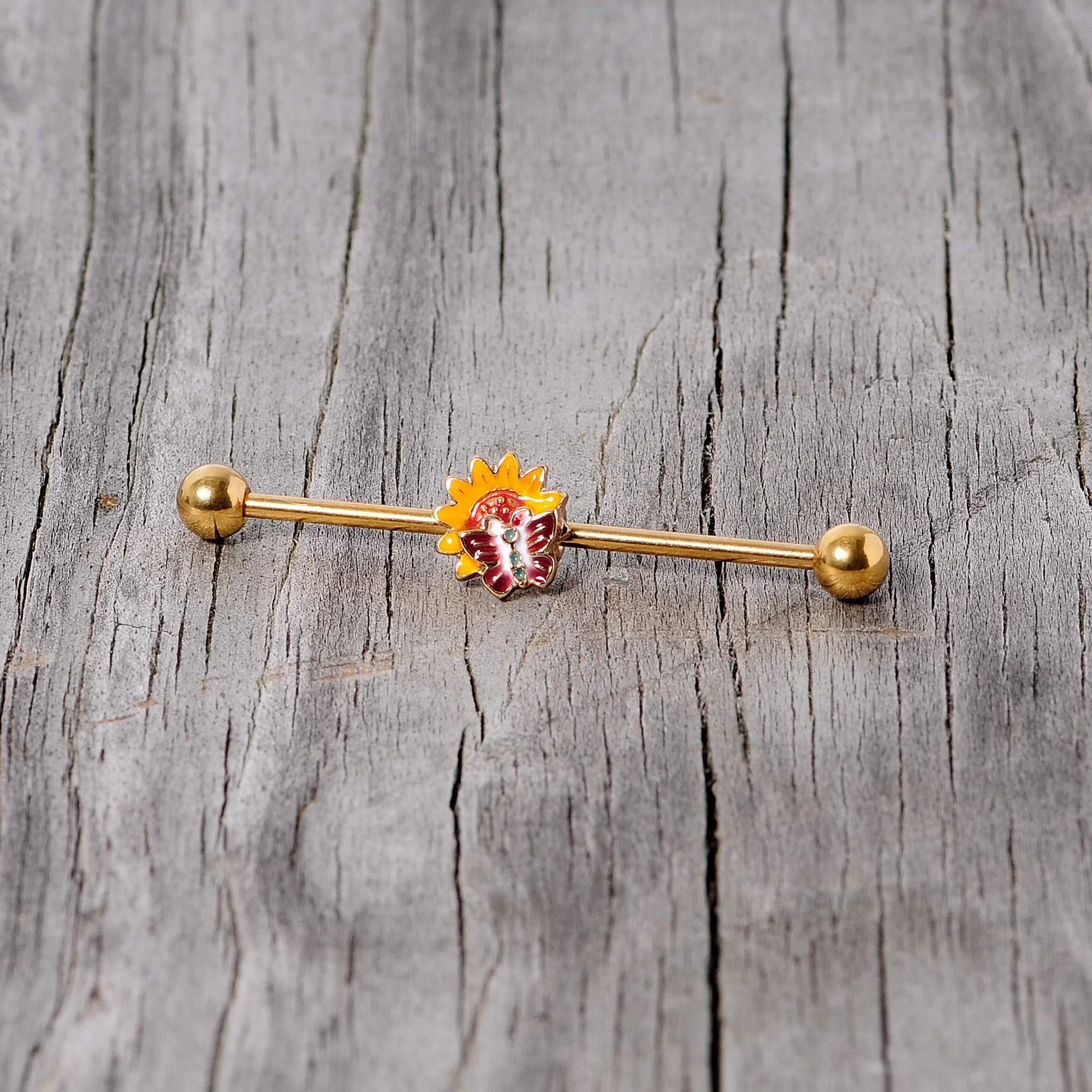 14G Gold Tone Red Yellow Butterfly Flower Industrial Barbell 38mm - Image 5