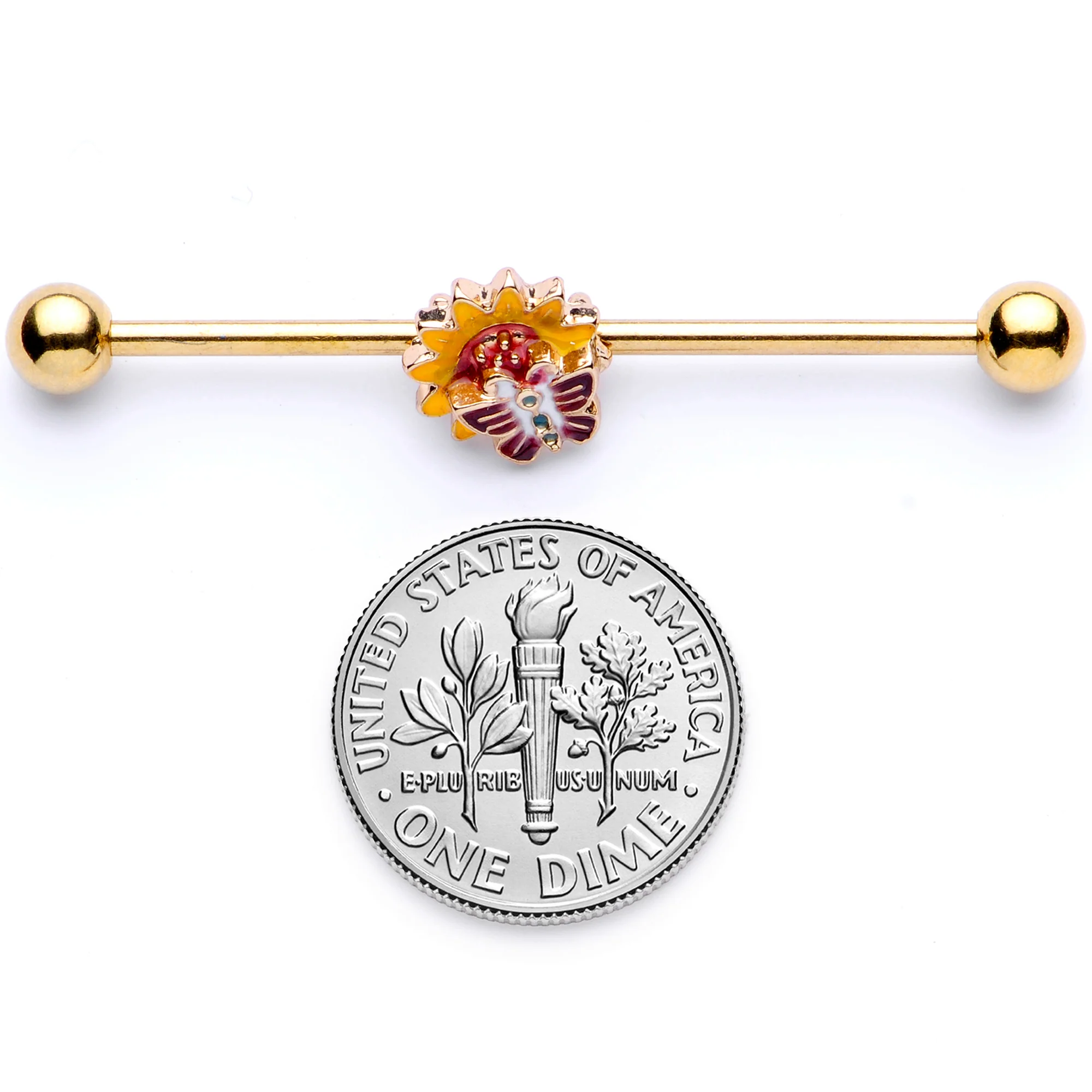 14G Gold Tone Red Yellow Butterfly Flower Industrial Barbell 38mm - Image 6