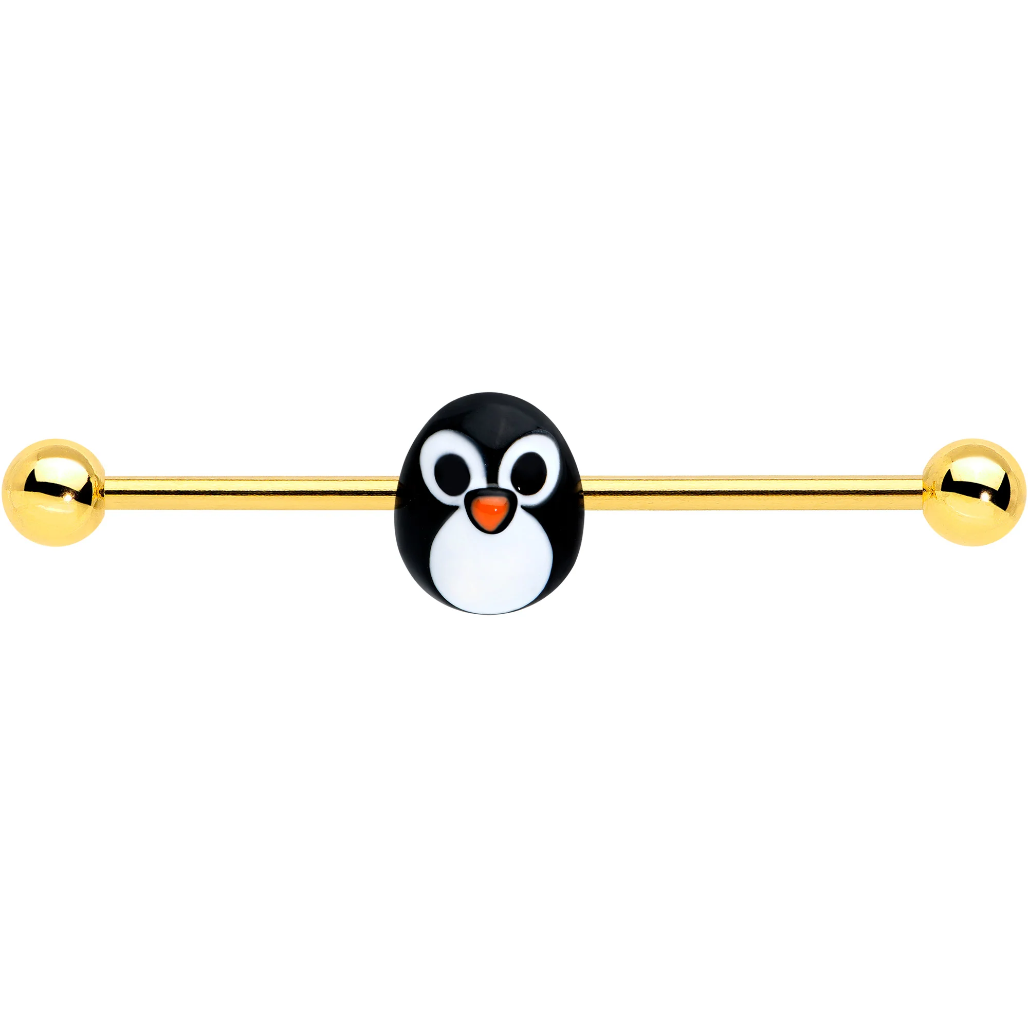 14G Gold Tone Round Penguin Face Holiday Industrial Barbell 38mm - Image 3