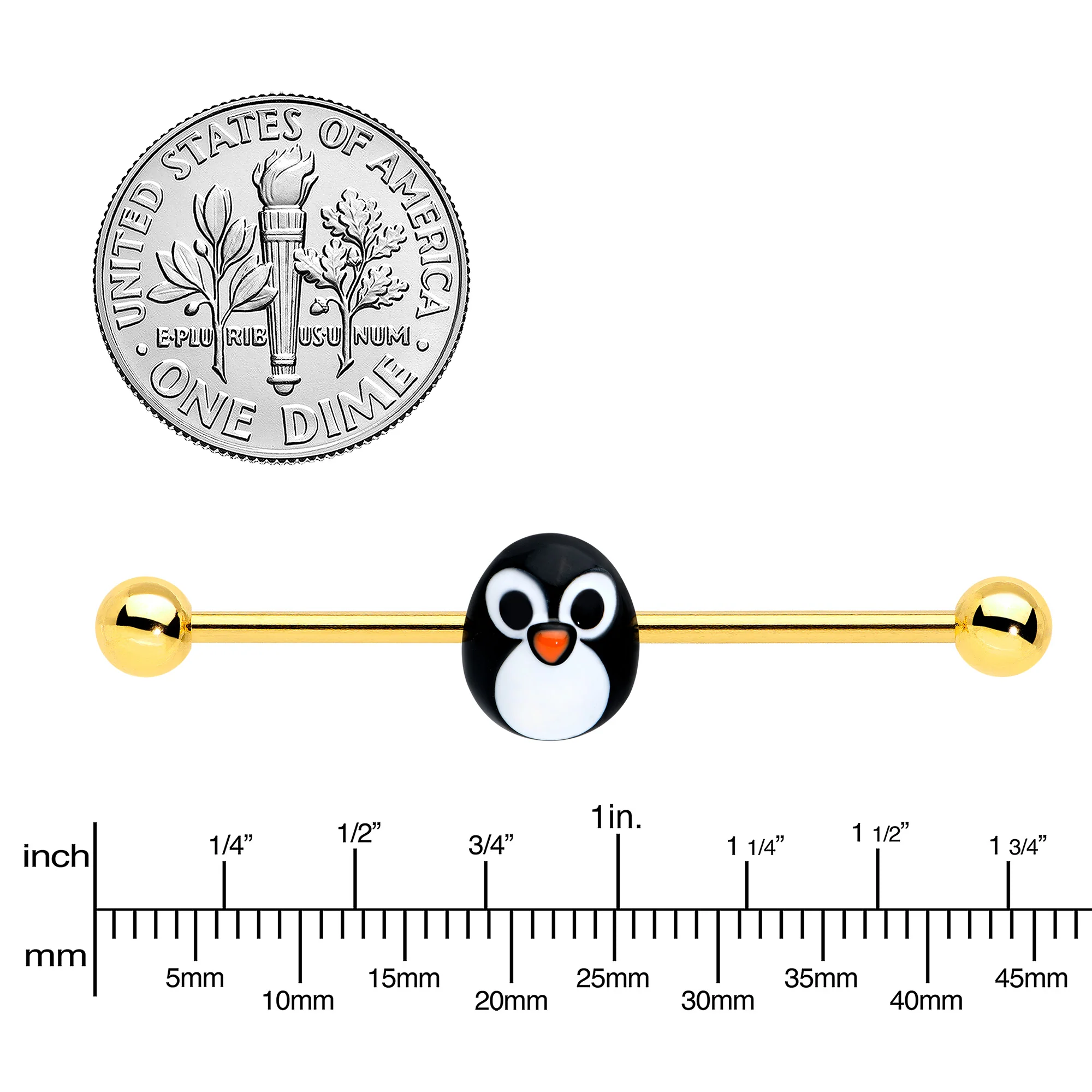 14G Gold Tone Round Penguin Face Holiday Industrial Barbell 38mm - Image 4