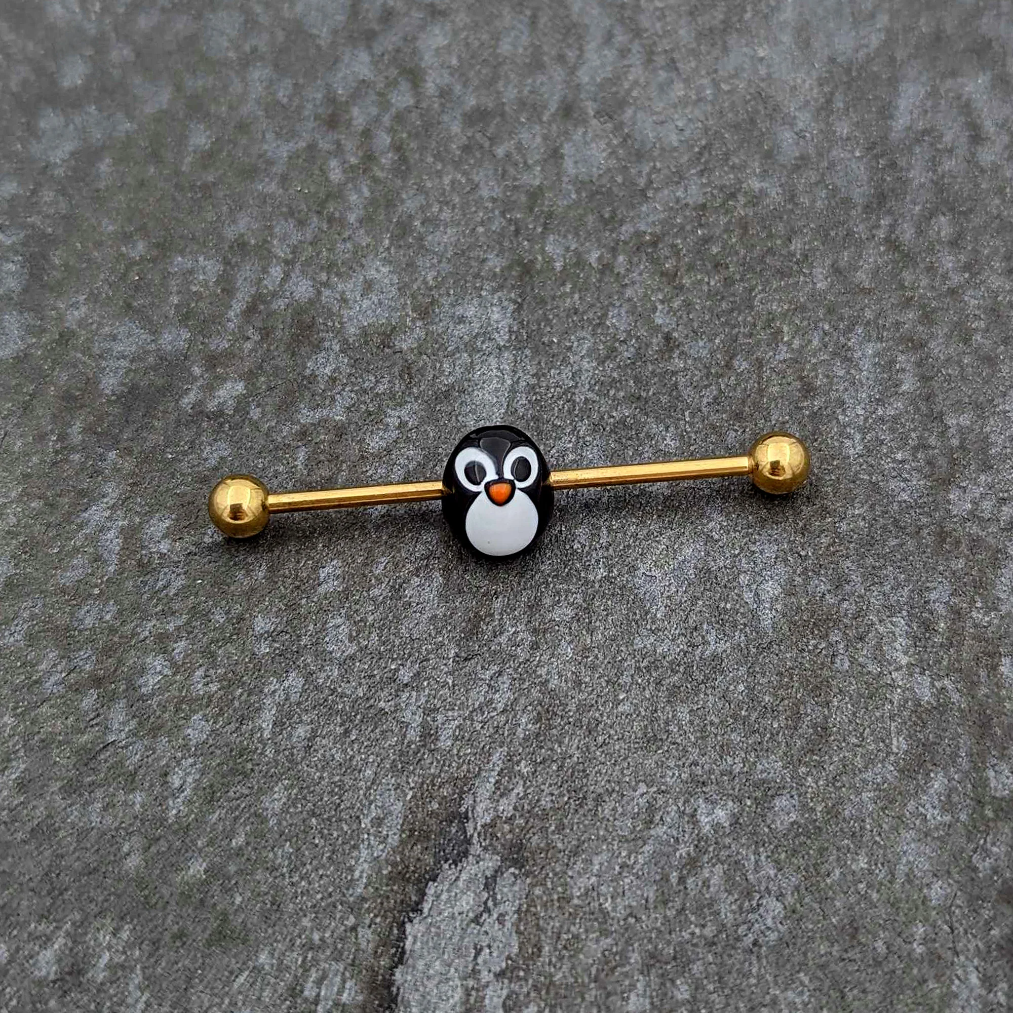 14G Gold Tone Round Penguin Face Holiday Industrial Barbell 38mm - Image 5